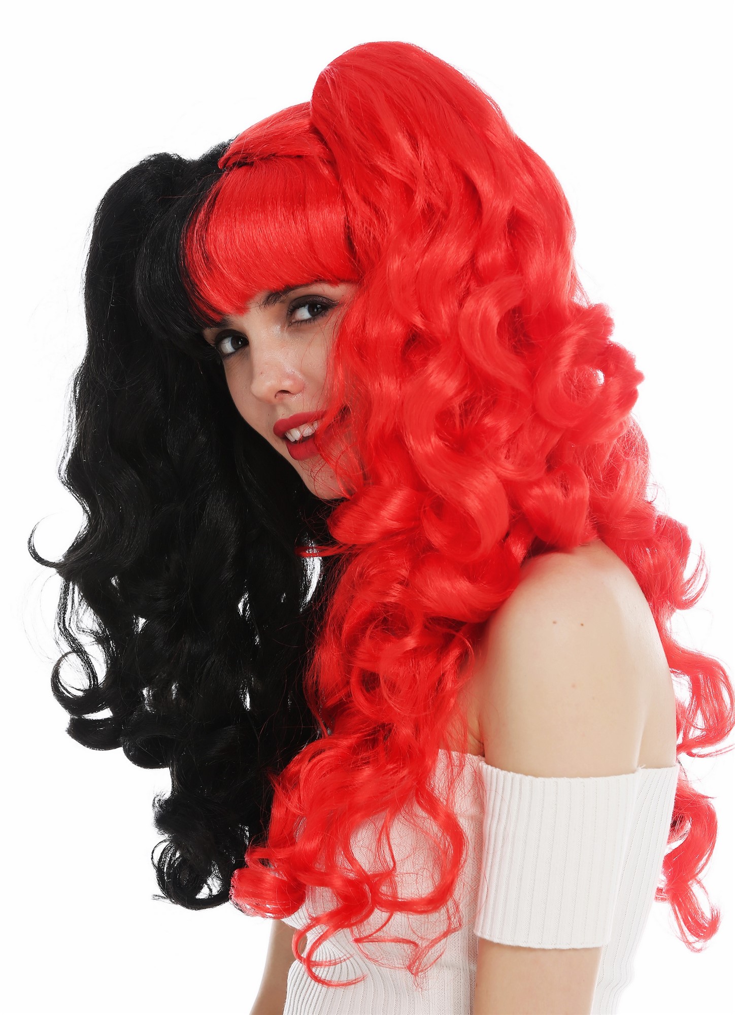 Party Wig, Ladies, deep black and bright red mix, curled, long