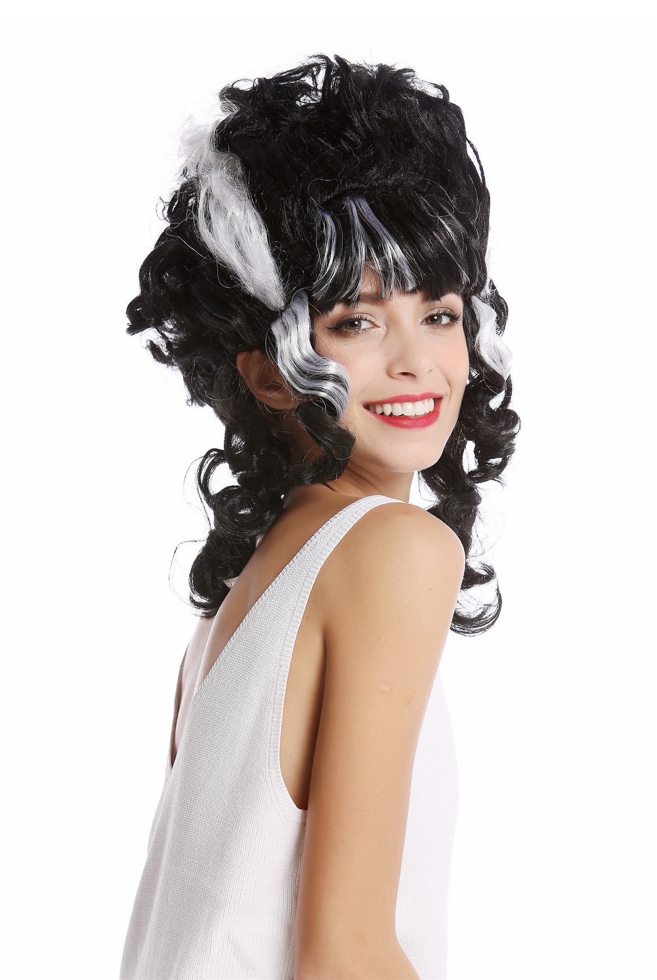 Wig Lady Women beehive black white lightning streaks Bride Frankenstein Dark Countess Vampire, view 4, WIG ME UP: Your Perücken Online Shop Party Wig, Ladies, Black, curled, short
