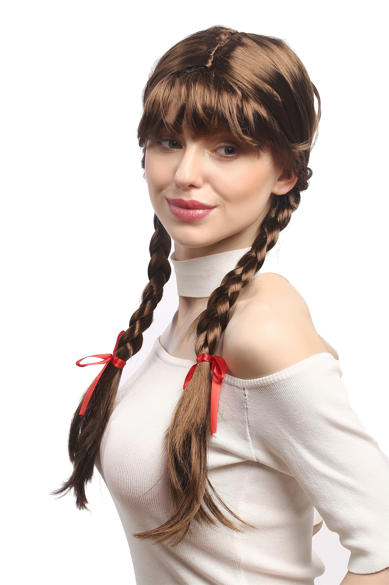 Lady Wig Halloween Lolita schoolgirl long braided plaits fringe brown XR-008, view 3, WIG ME UP: Your Perücken Online Shop Party Wig, Ladies, medium brown, Braided, long