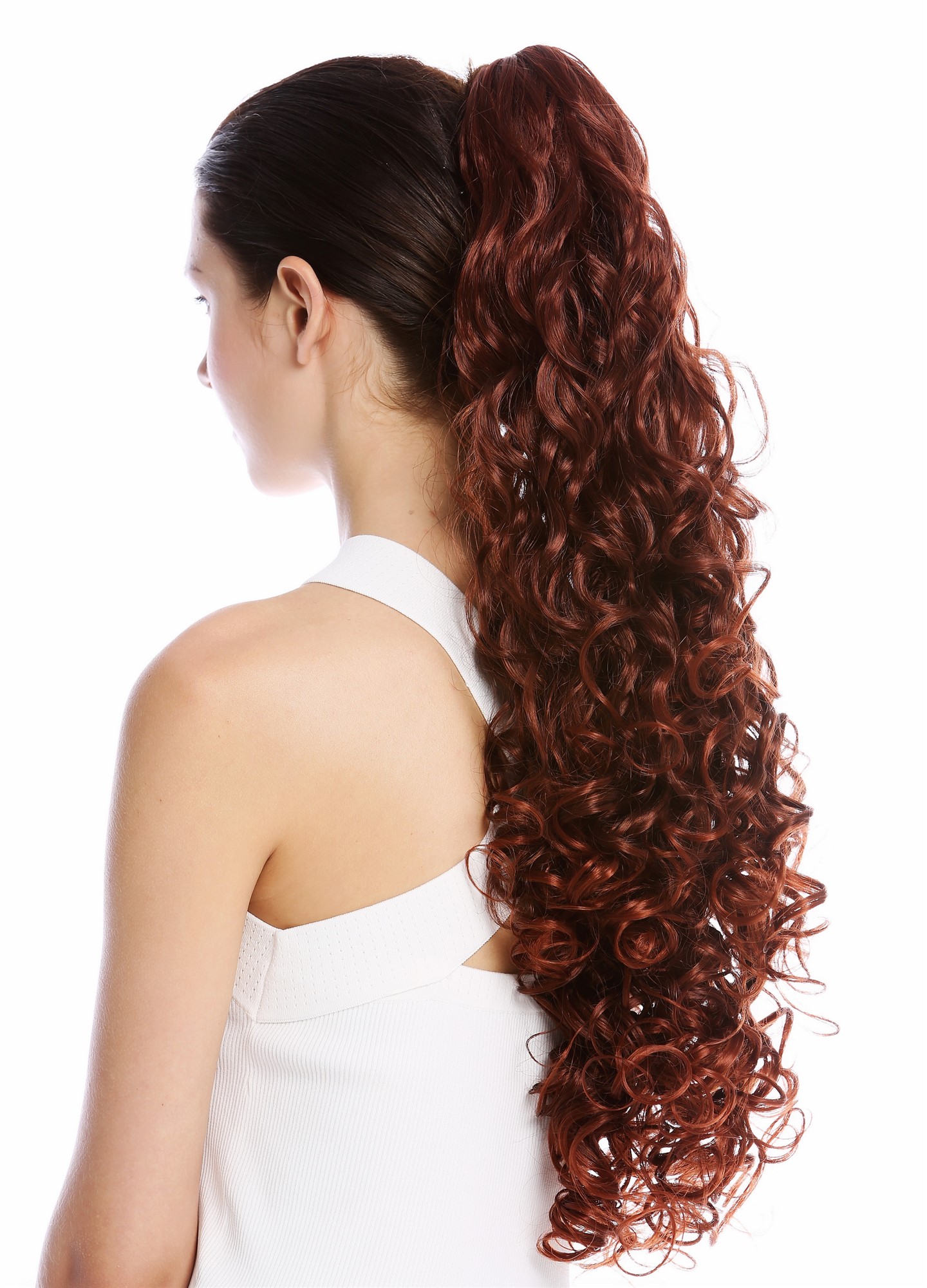 Ponytail Combs & Clamp very long voluminous curled mahogany brown mix MKB-21, front view, WIG ME UP: Your Perücken Online Shop Ponytails, brown-red mix, curled, long