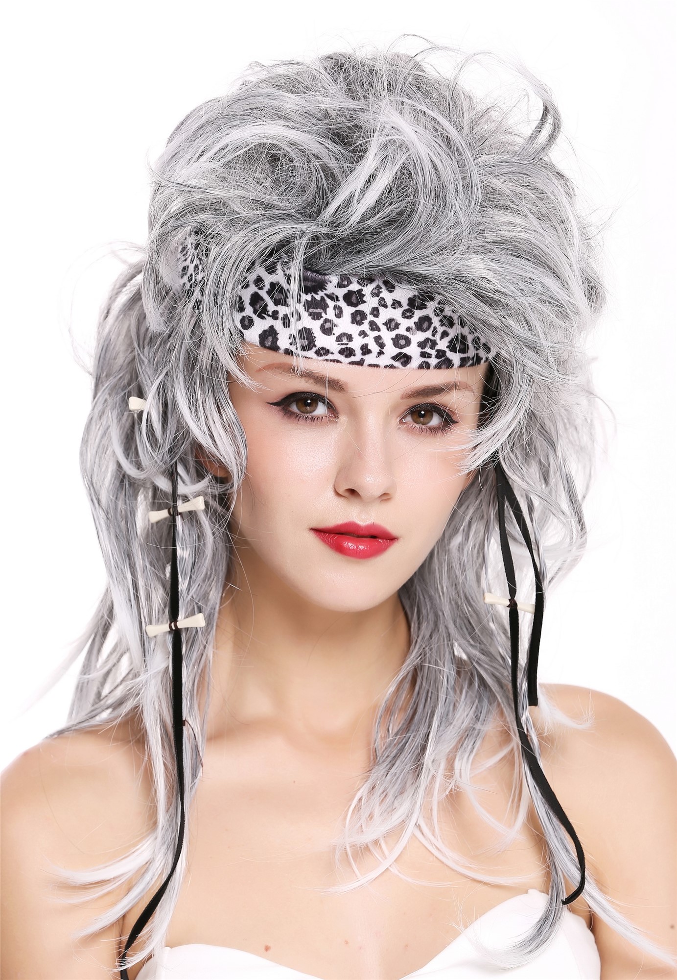 Wig wild mottled gray black headband 80s Stone Age Apocalyptic Warrior 91530, front view, WIG ME UP: Your Perücken Online Shop Party Wig, Unisex, Grey, wavy, long