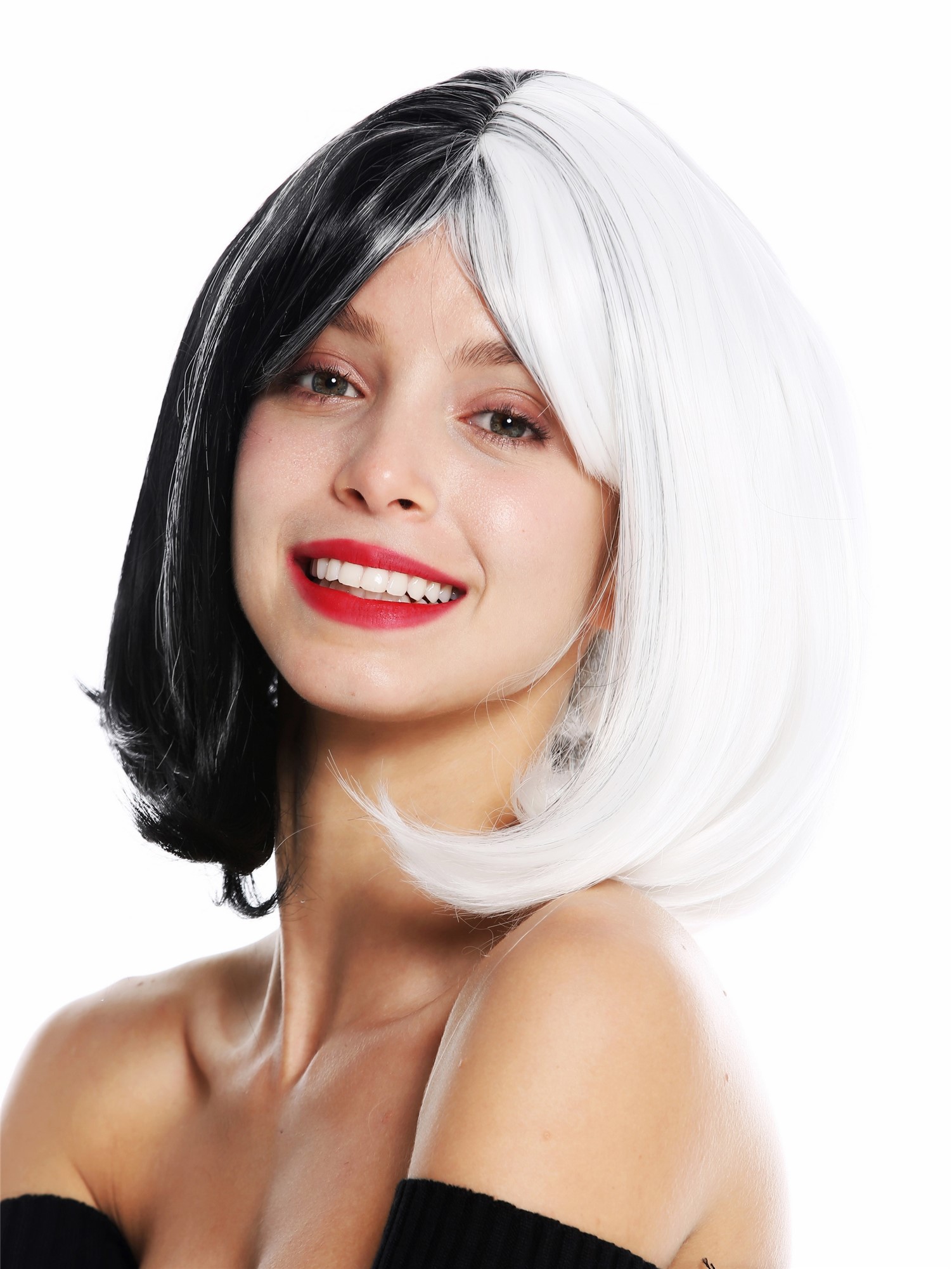hochwertige Qualitätsperücken, Perücke Bob Cosplay kurz halb Schwarz Weiß GFW2289L-1+1001, Vorderansicht, WIG ME UP: Ihr Perücken Online Shop glatte Tressen-Perücke mit Kopfhaut-Imitat Weiß-Schwarz-Mix schulterlange Haare für Damen