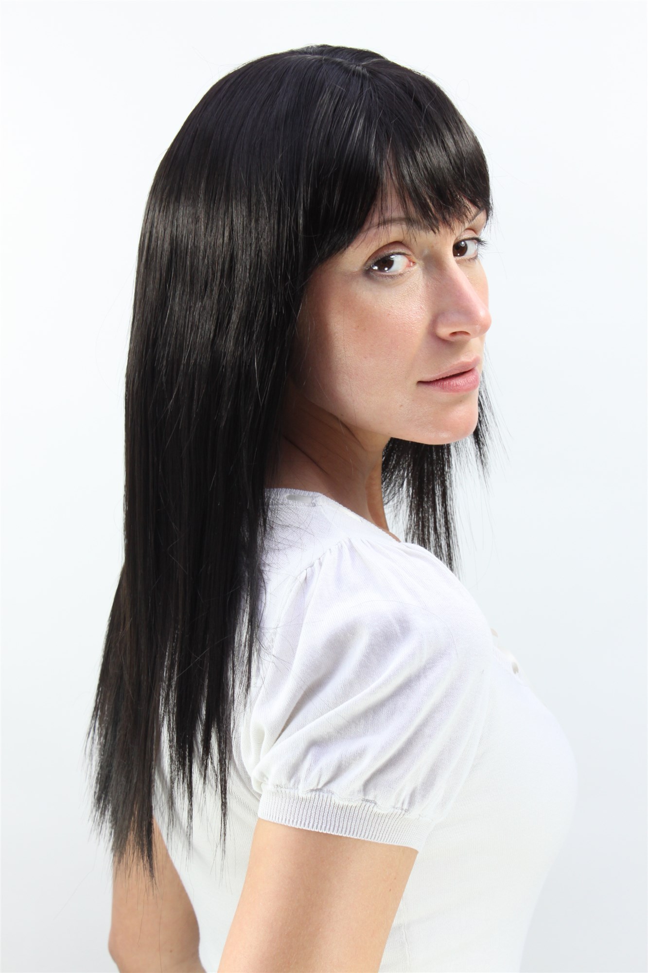 hochwertige Qualitätsperücken, Damen Perücke super sexy wilder Pony lang LA032-2, Ansicht 4, WIG ME UP: Ihr Perücken Online Shop glatte Tressen-Perücke mit Kopfhaut-Imitat Schwarzbraun lange Haare für Damen