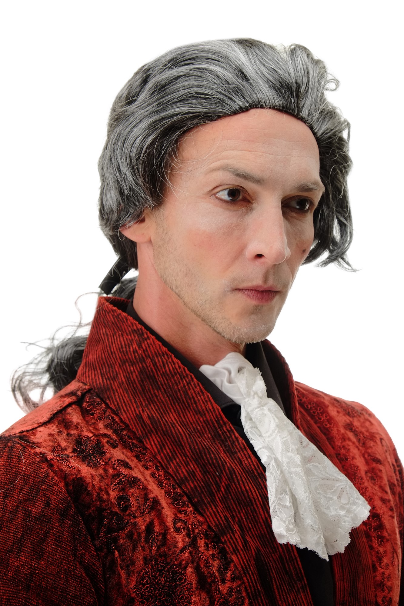 günstige Party Perücke, Herren Perücke Barock Edelmann Zopf grau 4287-P103-68, Vorderansicht, WIG ME UP: Ihr Perücken Online Shop wellige Party Perücke Grau schulterlange Haare für Herren