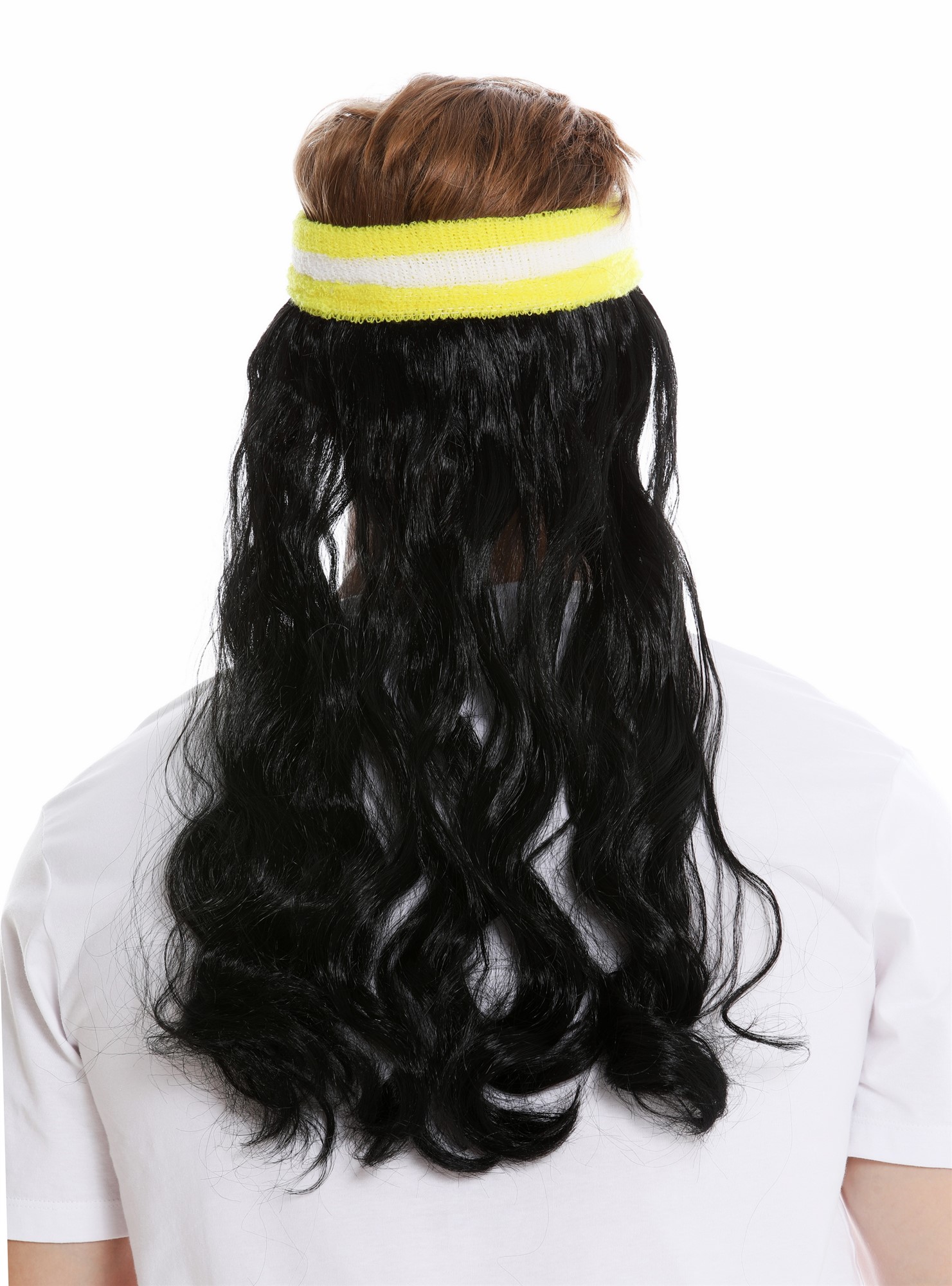 günstige Party Perücke, Perücke Stirnband lange Haare Vokuhila Proll 80er Schwarz CXH-014-P103, Ansicht 4, WIG ME UP: Ihr Perücken Online Shop wellige Party Perücke Pechschwarz schulterlange Haare Unisex