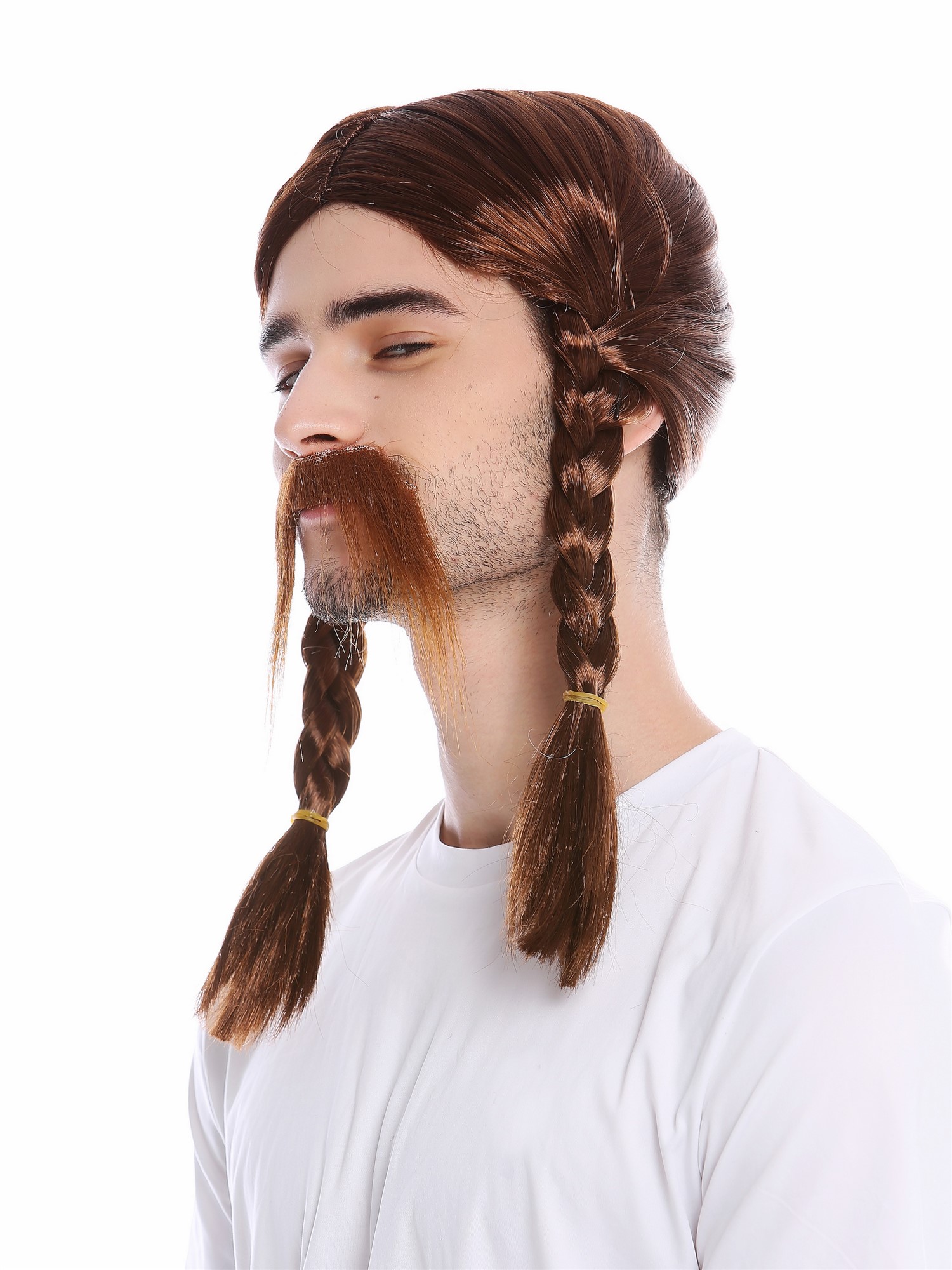 Man Party Wig & Mustache Set brown long braids braided plaited Gaul Viking 91099, view 2, WIG ME UP: Your Perücken Online Shop Party Wig, Men, Brown, Braided, long