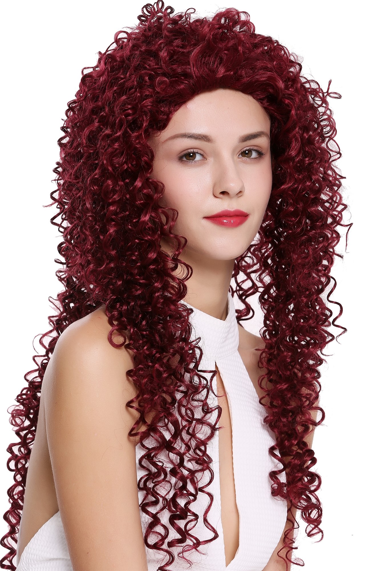 hochwertige Qualitätsperücken, Perücke Lang Locken Afro Dunkel Granat Rot DW2315-39, Vorderansicht, WIG ME UP: Ihr Perücken Online Shop lockige Tressen-Perücke Granatrot sehr lange Haare für Damen
