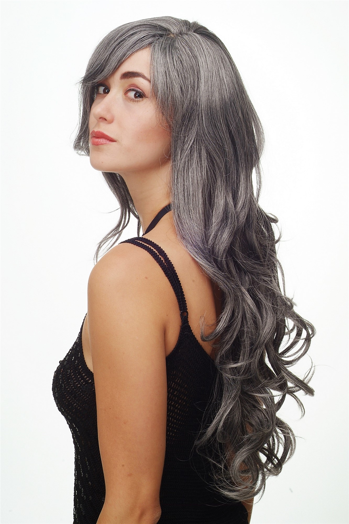 hochwertige Qualitätsperücken, Perücke lang wallendes Haar wellig leicht lockig Grau-Mix 9204S-44, Ansicht 2, WIG ME UP: Ihr Perücken Online Shop lockige Tressen-Perücke mit Kopfhaut-Imitat Grau-Mix lange Haare für Damen
