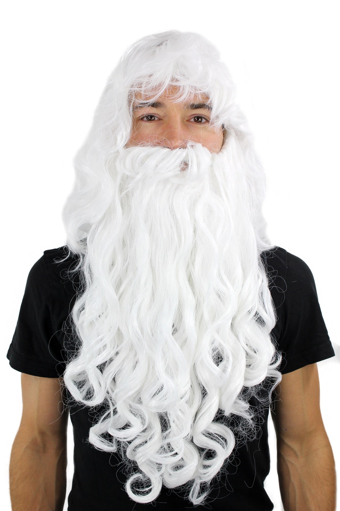 Beard & Wig Set long white curled wizard sorcerer Santa Claus PW0187, front view, WIG ME UP: Your Perücken Online Shop Party Wig, Men, White, curled, shoulder-length