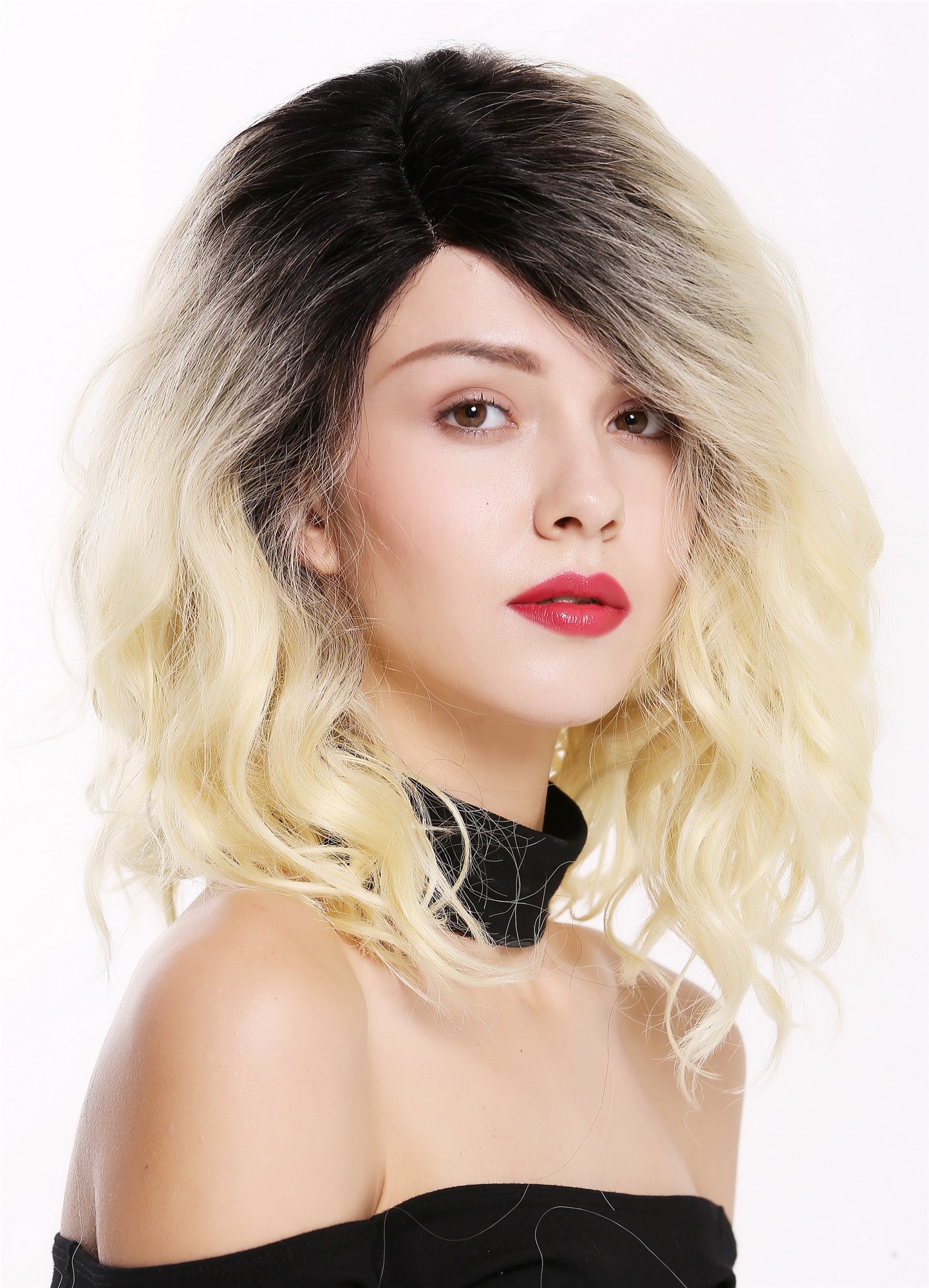 Lady wig lace front mono curls voluminous parting ombre black blonde LO1702-MF, view 2, WIG ME UP: Your Perücken Online Shop Quality Wigs, Ladies, straw blonde-black brown mix, wavy, shoulder-length