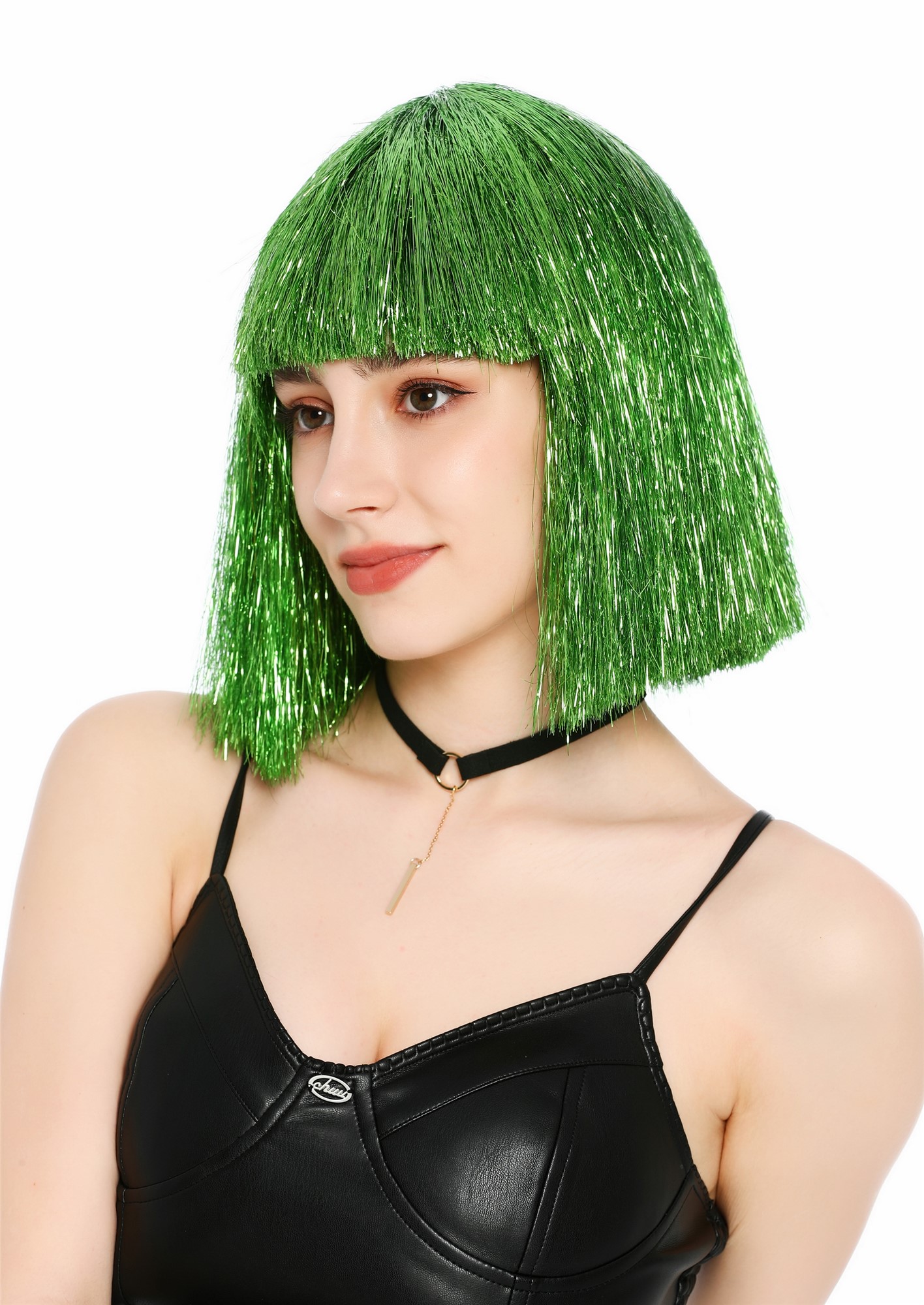 Perücke Damen Glitzer Lametta Tinsel Look Longbob Pony Disco Glam Grün VK-42-TN11