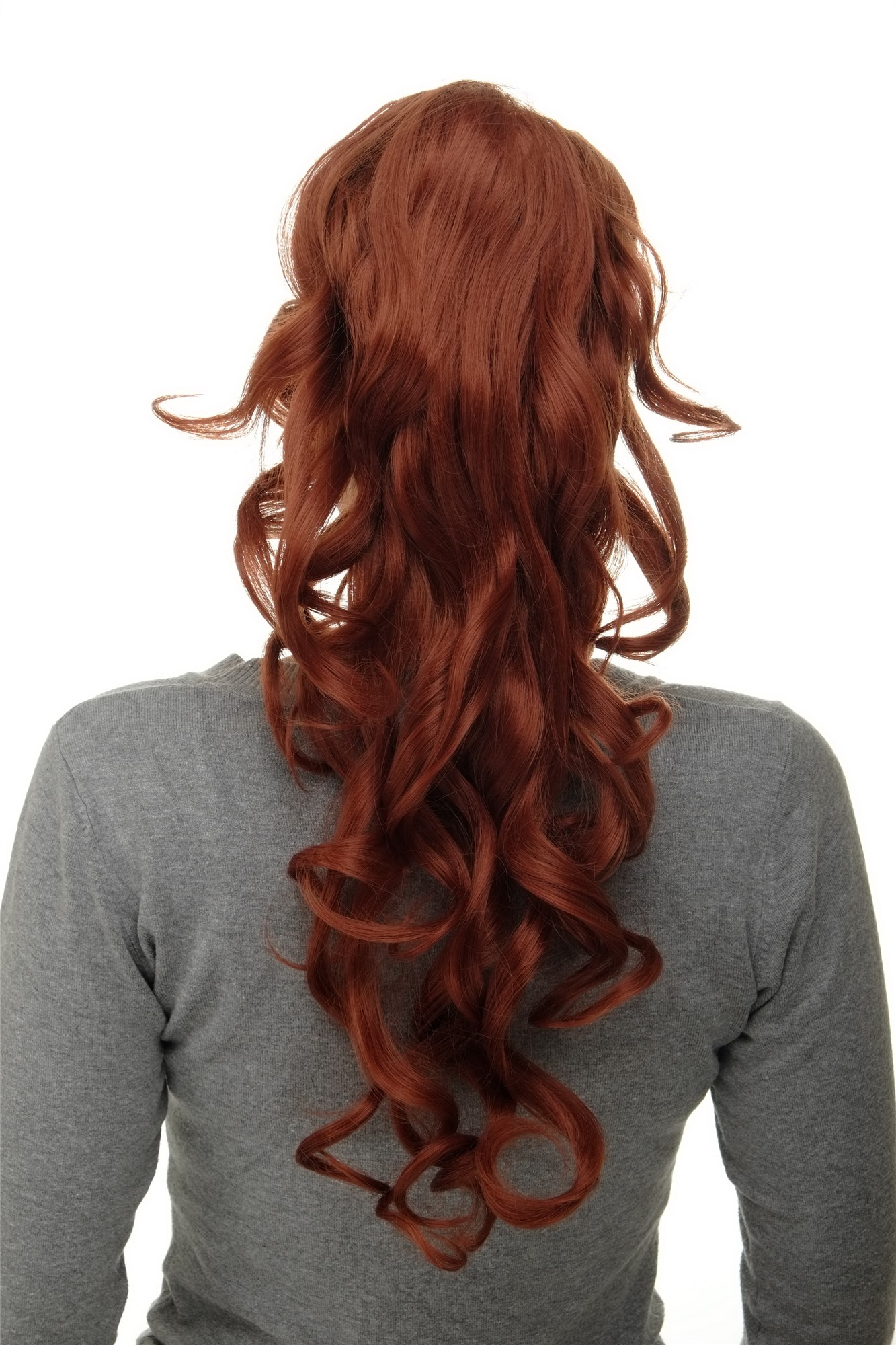 Ponytail clamp combs draw string curled voluminous long dark copper red WK08, front view, WIG ME UP: Your Perücken Online Shop Ponytails, copper, curled, long