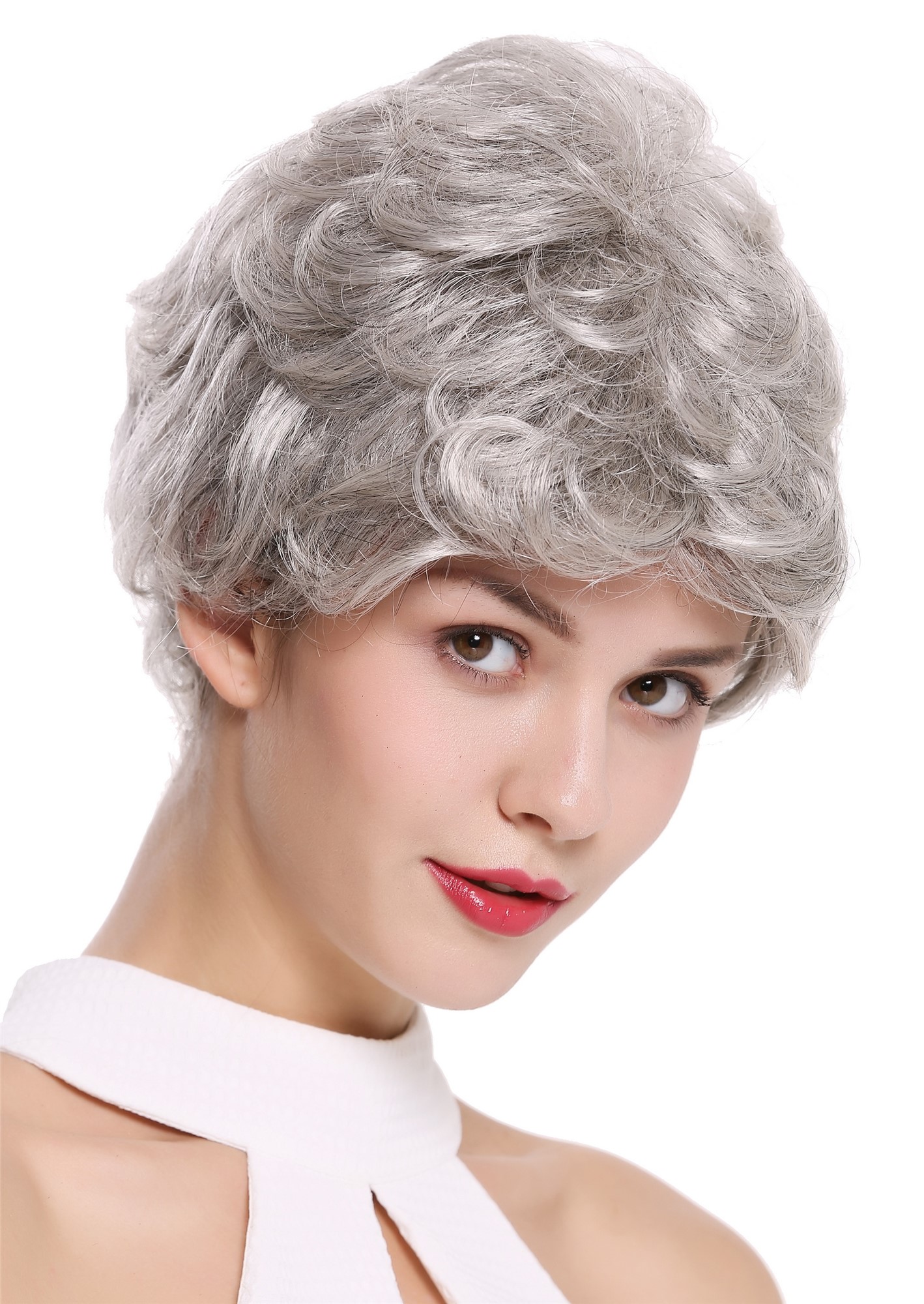 hochwertige Qualitätsperücken, Perücke kurz gewellt helles Grau DW2339-51, Ansicht 2, WIG ME UP: Ihr Perücken Online Shop wellige Tressen-Perücke Silbergrau kurze Haare für Unisex