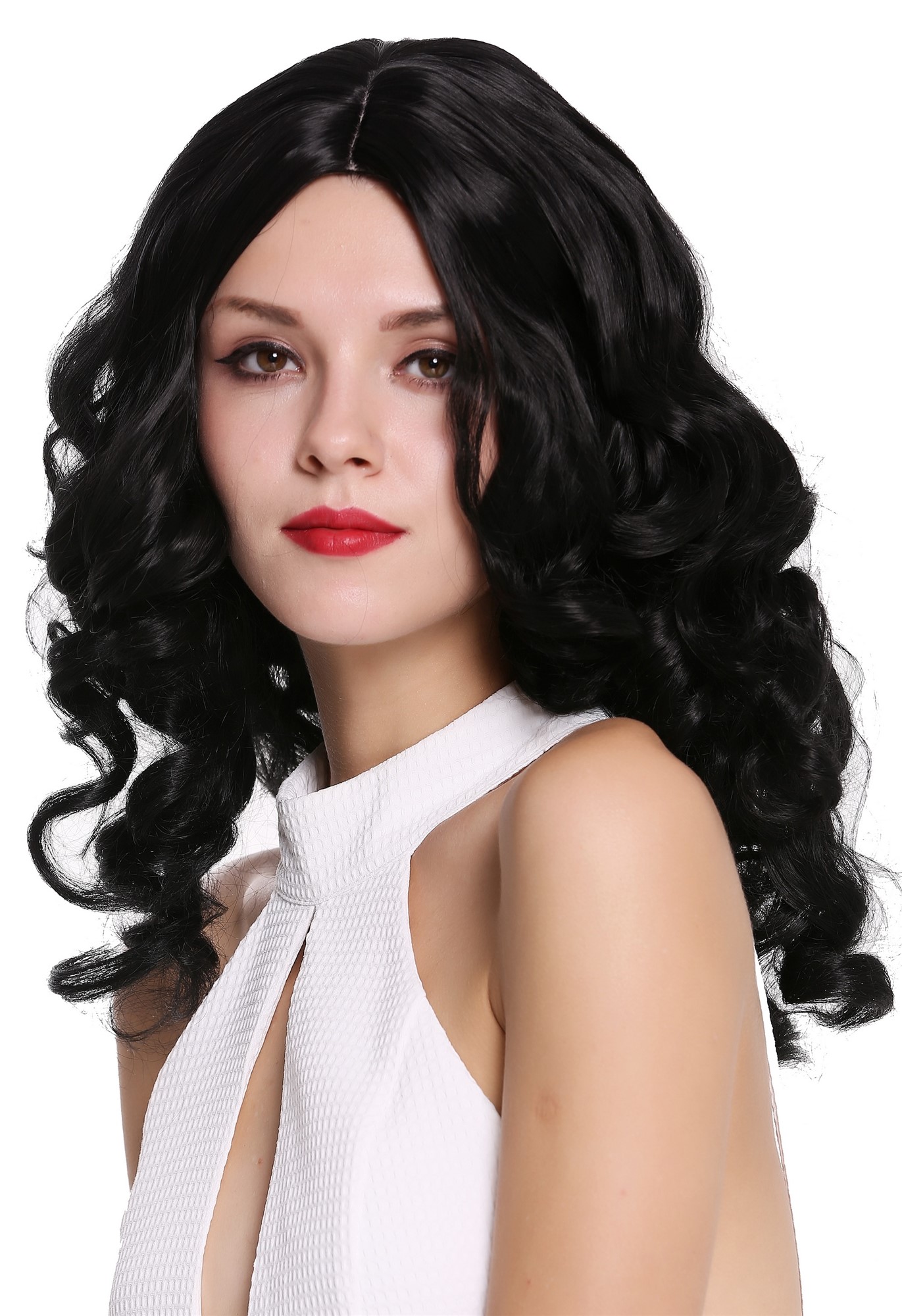 hochwertige Qualitätsperücken, Perücke Edel Locken Mittelscheitel Schwarz 6069-1B, Ansicht 4, WIG ME UP: Ihr Perücken Online Shop lockige Tressen-Perücke mit Kopfhaut-Imitat Samtschwarz schulterlange Haare für Damen