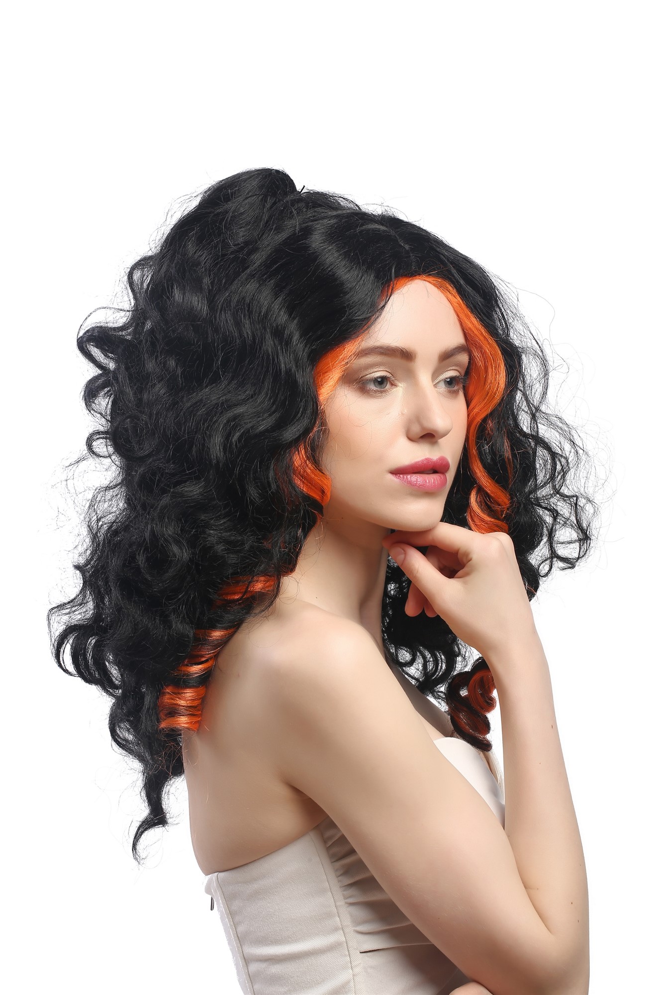 günstige Party Perücke, Perücke Vamp Schwarz orange Strähnen31703-P103-24, Ansicht 4, WIG ME UP: Ihr Perücken Online Shop lockige Party Perücke Schwarz lange Haare für Damen
