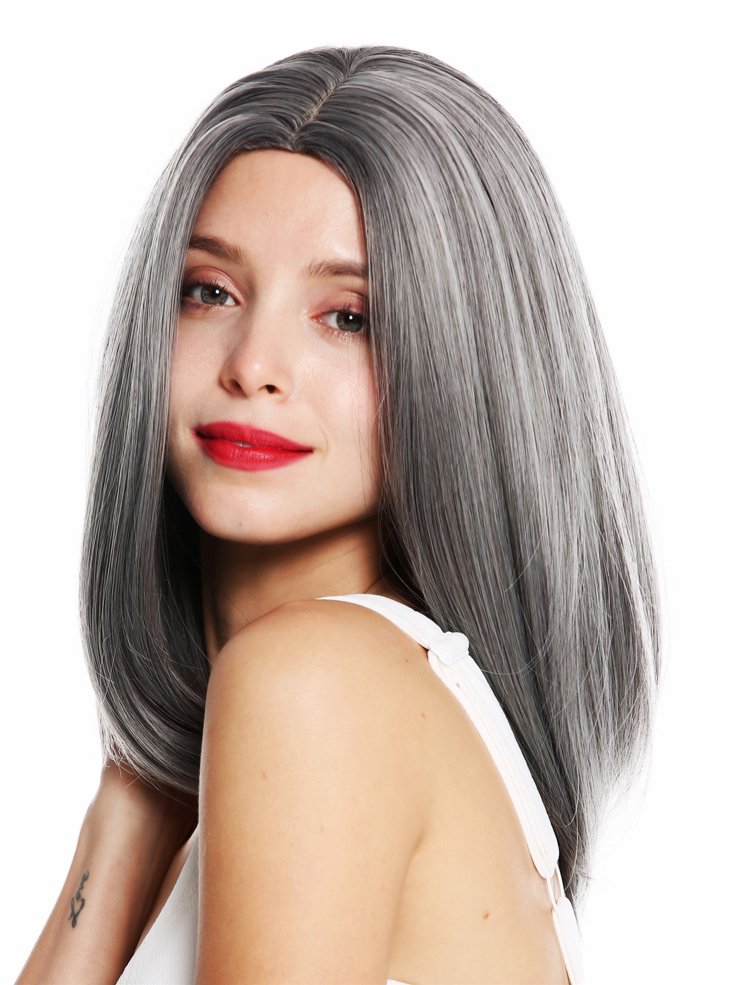 hochwertige Qualitätsperücken, Perücke schulterlang glatt Mittelscheitel grau gesträhnt meliert 1960-10A/4/88A/L88A, Ansicht 3, WIG ME UP: Ihr Perücken Online Shop glatte Tressen-Perücke mit Kopfhaut-Imitat Aschgrau schulterlange Haare für Damen