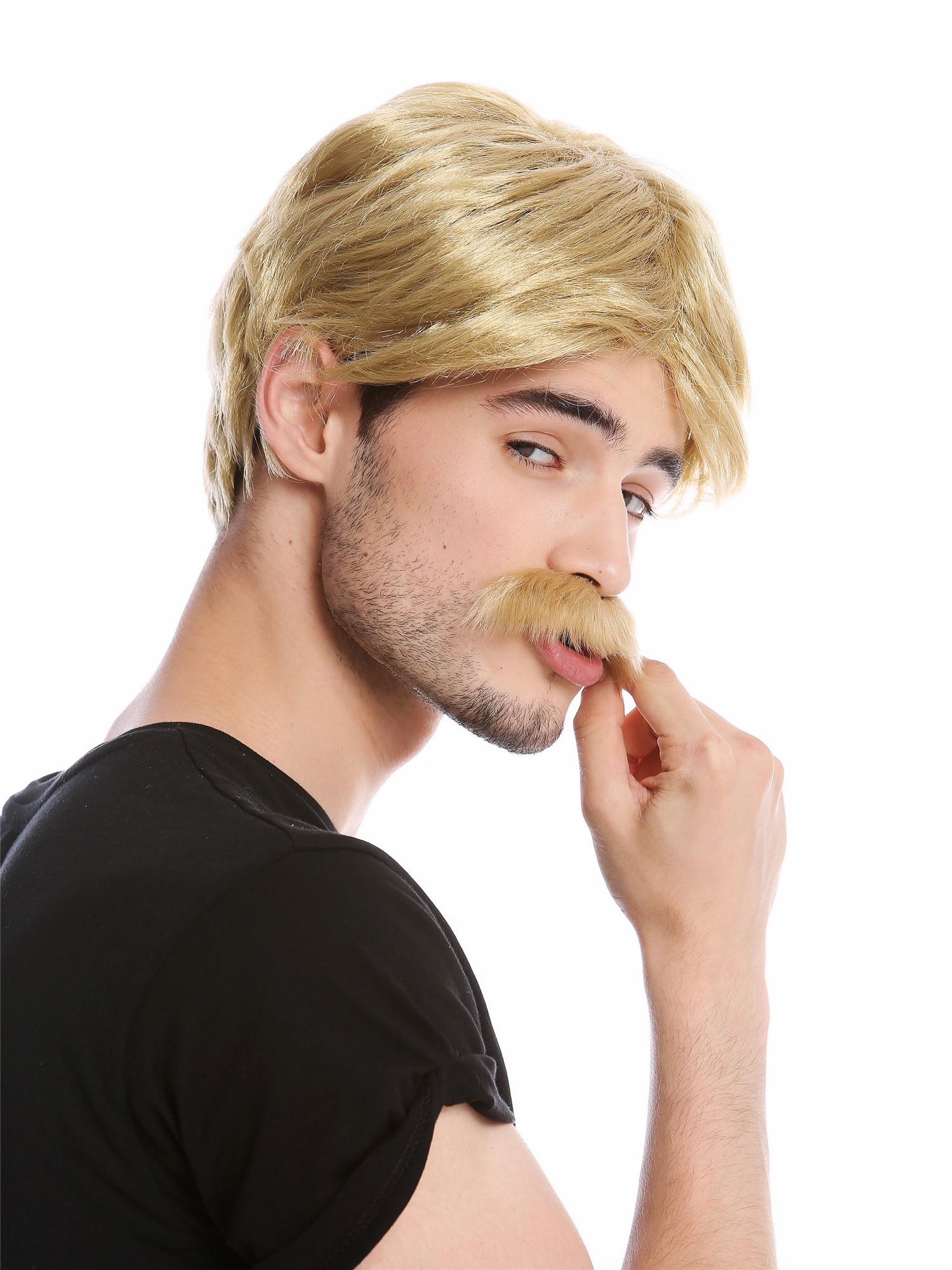 günstige Party Perücke, Perücke Bart Schnauzbart Blond Cop 70er 4129-ZA89, Ansicht 4, WIG ME UP: Ihr Perücken Online Shop wellige Party Perücke Blond kurze Haare für Herren