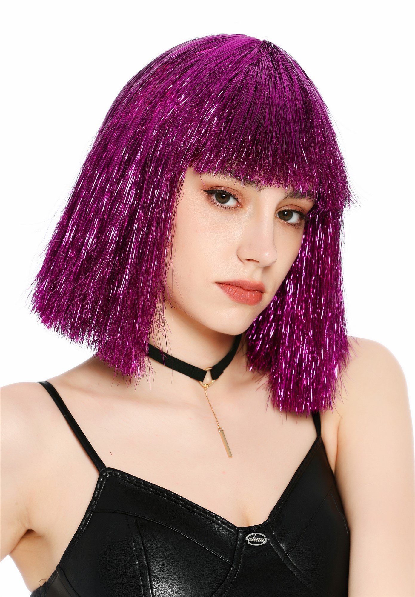 Perücke Damen Glitzer Lametta Tinsel Look Longbob Pony Disco Lila VK-42-TN19