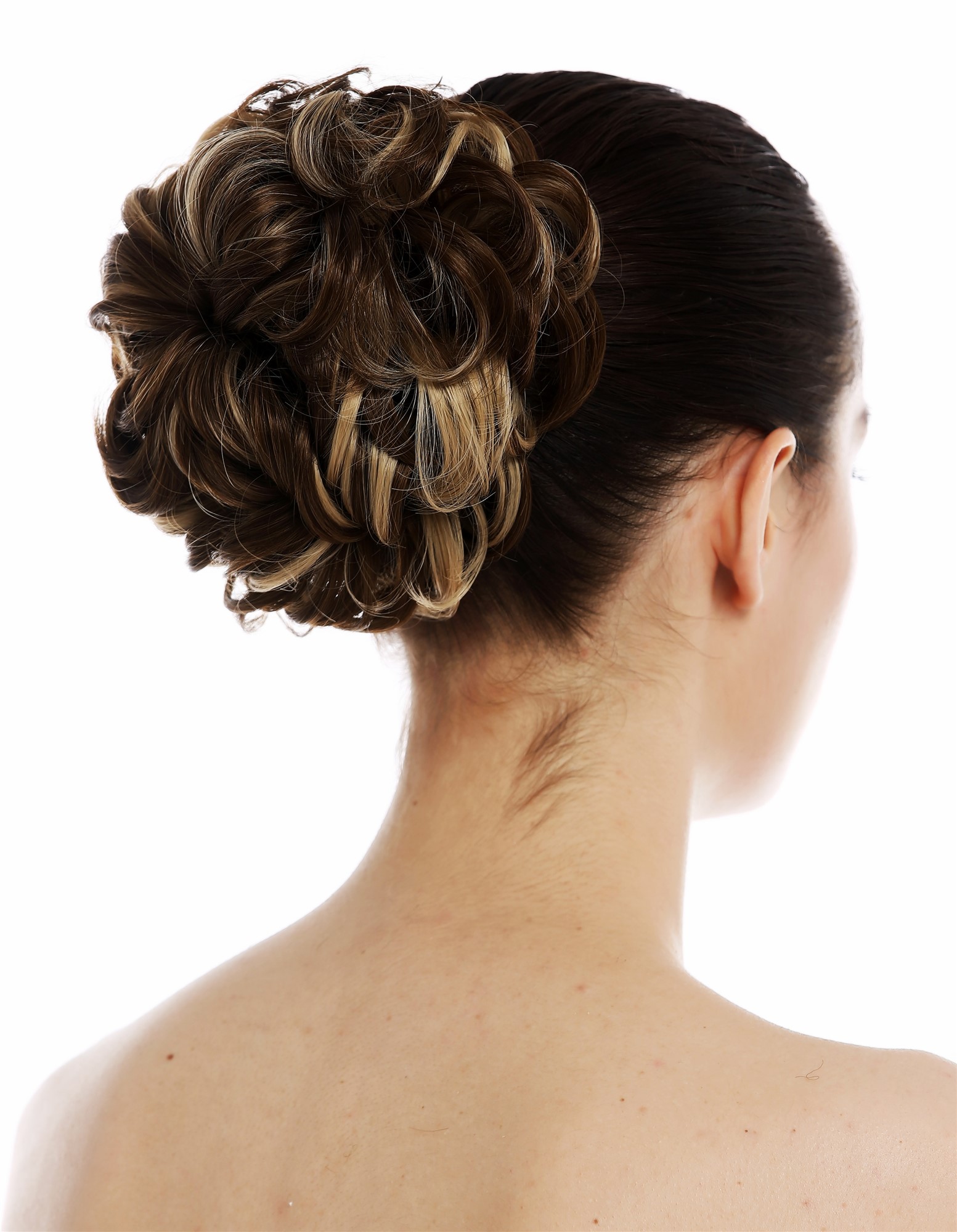 Haarteil Haarrose voluminös lockig wellig braun blonde Highlights TYP-669-18-24, Vorderansicht, WIG ME UP: Ihr Perücken Online Shop lockiger Dutt Haarteil Braun-Blond-Mix