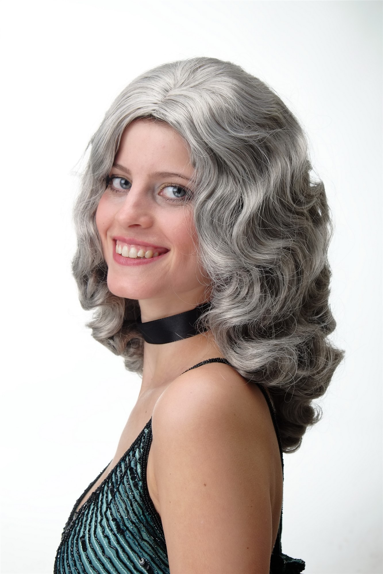 Quality Wigs, Ladies, silver gray with a small amount of black, wavy, shoulder-length