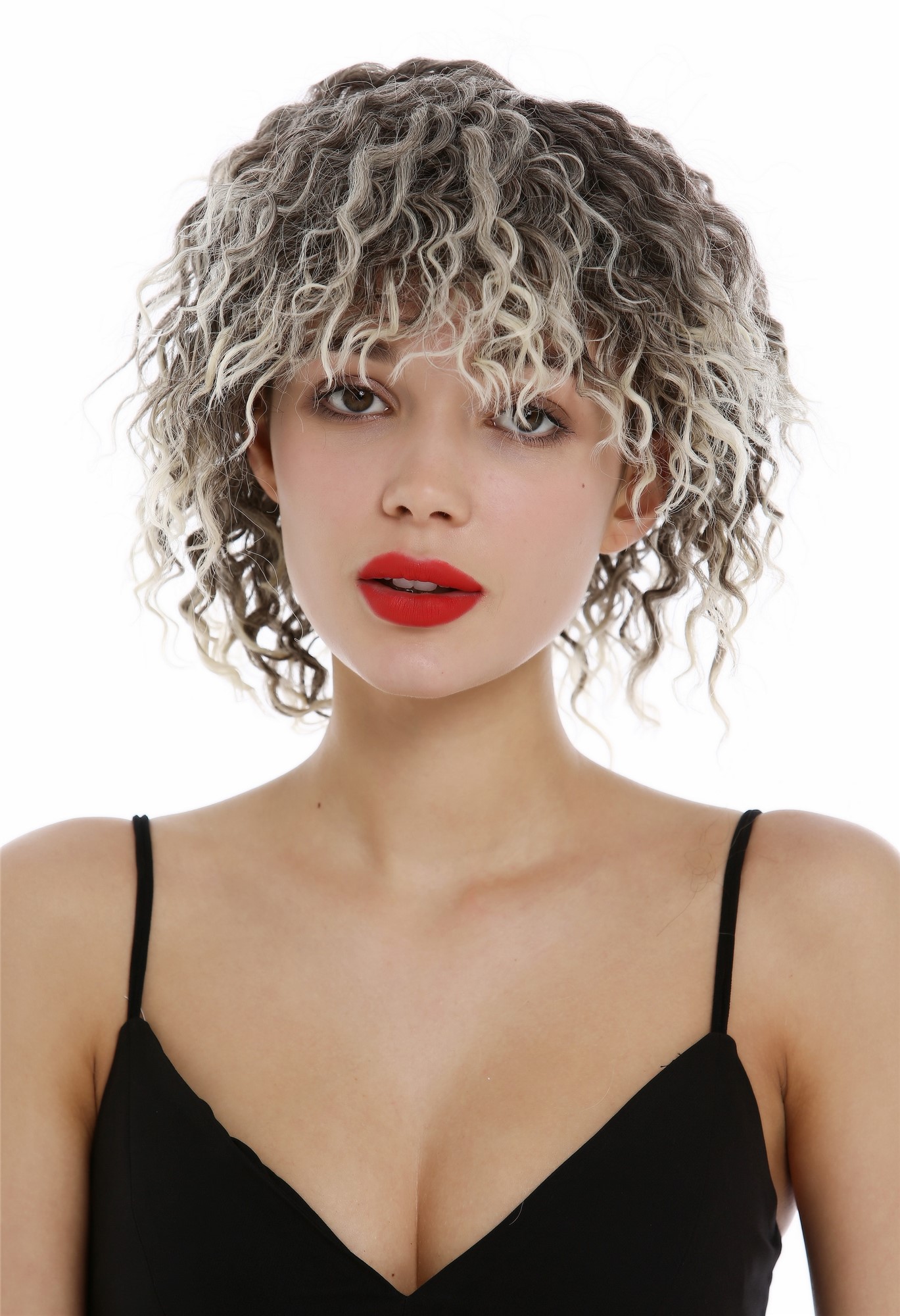 hochwertige Qualitätsperücken, Perücke kurz wild gelockt Krepplocken Braun Blond Highlights YZF-4127-6T88, Vorderansicht, WIG ME UP: Ihr Perücken Online Shop lockige Tressen-Perücke Blond-Braun-Mix kurze Haare für Damen