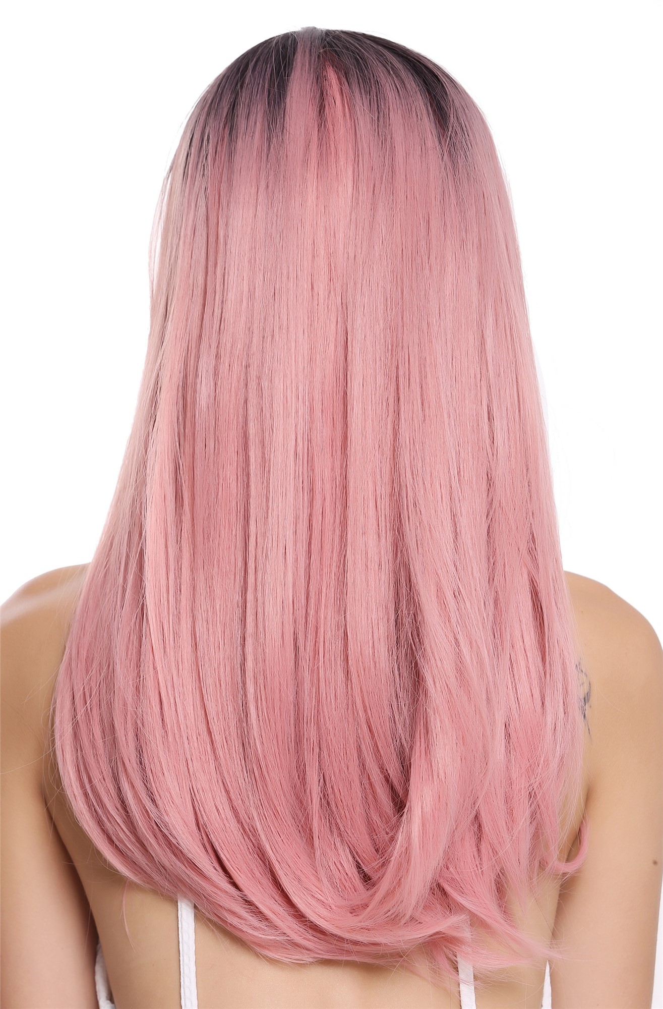 hochwertige Qualitätsperücken, Perücke Glatt Mittelscheitel Ombre Schwarz Rosa ZM-1791-T2312R1B, Ansicht 4, WIG ME UP: Ihr Perücken Online Shop glatte Tressen-Perücke mit Kopfhaut-Imitat Schwarz-Rosa lange Haare für Damen
