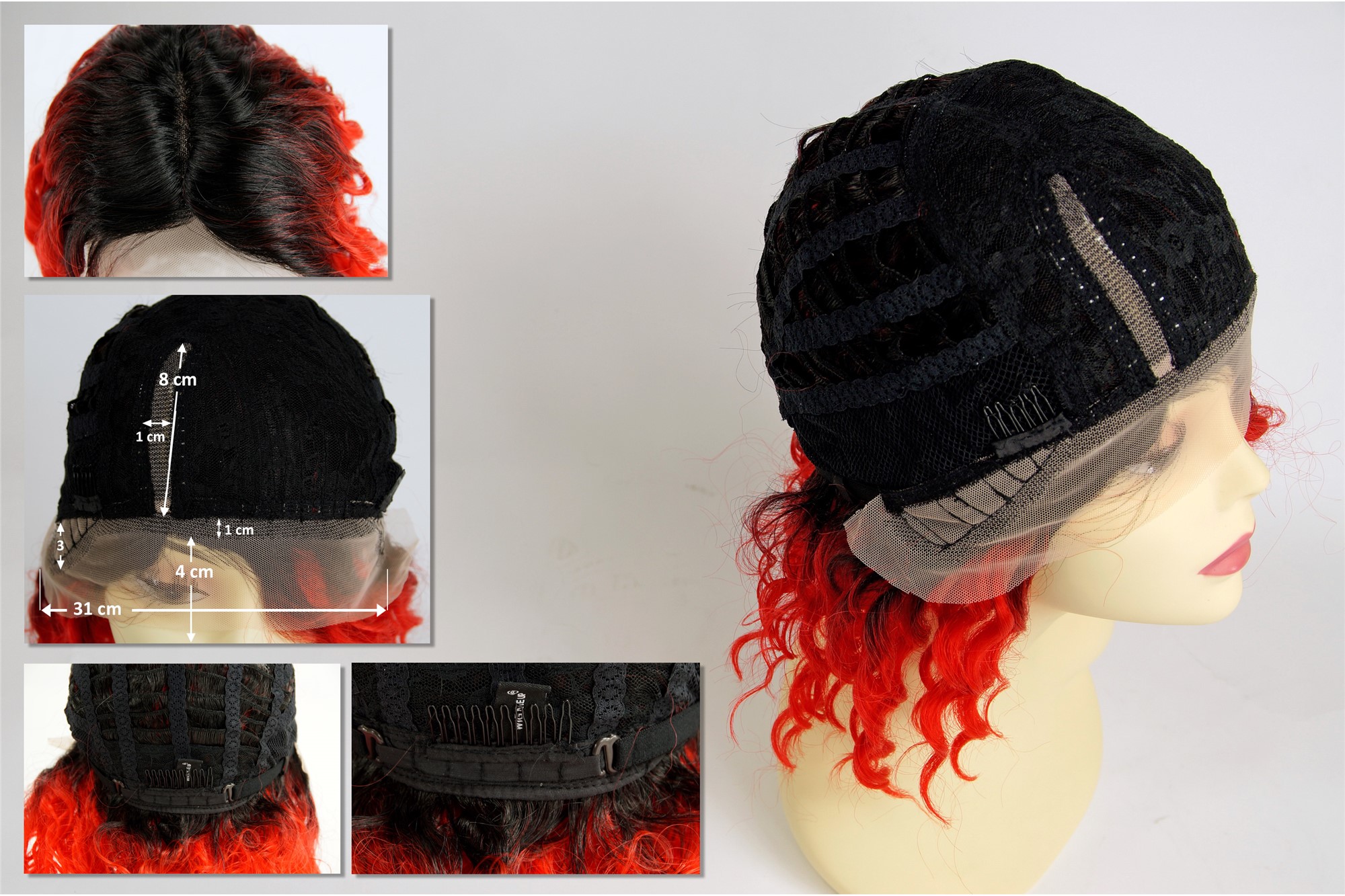 Monofilament lace front lady wig shoulder short curled ombre black red VK-15-MF, view 6, WIG ME UP: Your Perücken Online Shop Quality Wigs, Ladies, red-black mix, curled, shoulder-length
