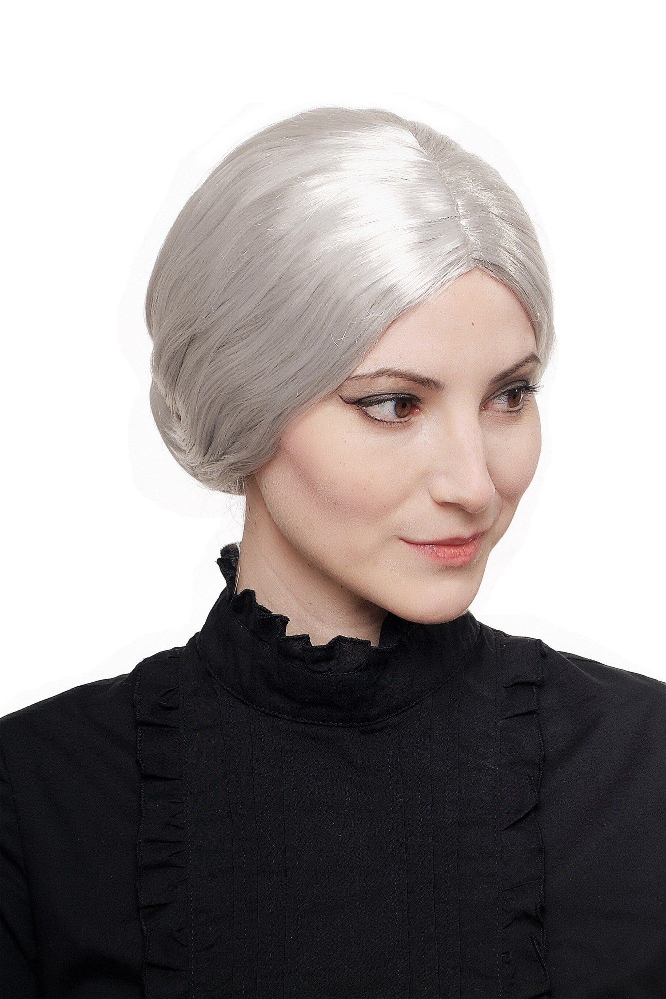 Women#s wig Halloween grey with hairbun Grandma, Gramma, Old Governess 3542, front view, WIG ME UP: Your Perücken Online Shop Party Wig, Ladies, Grey, straight, short
