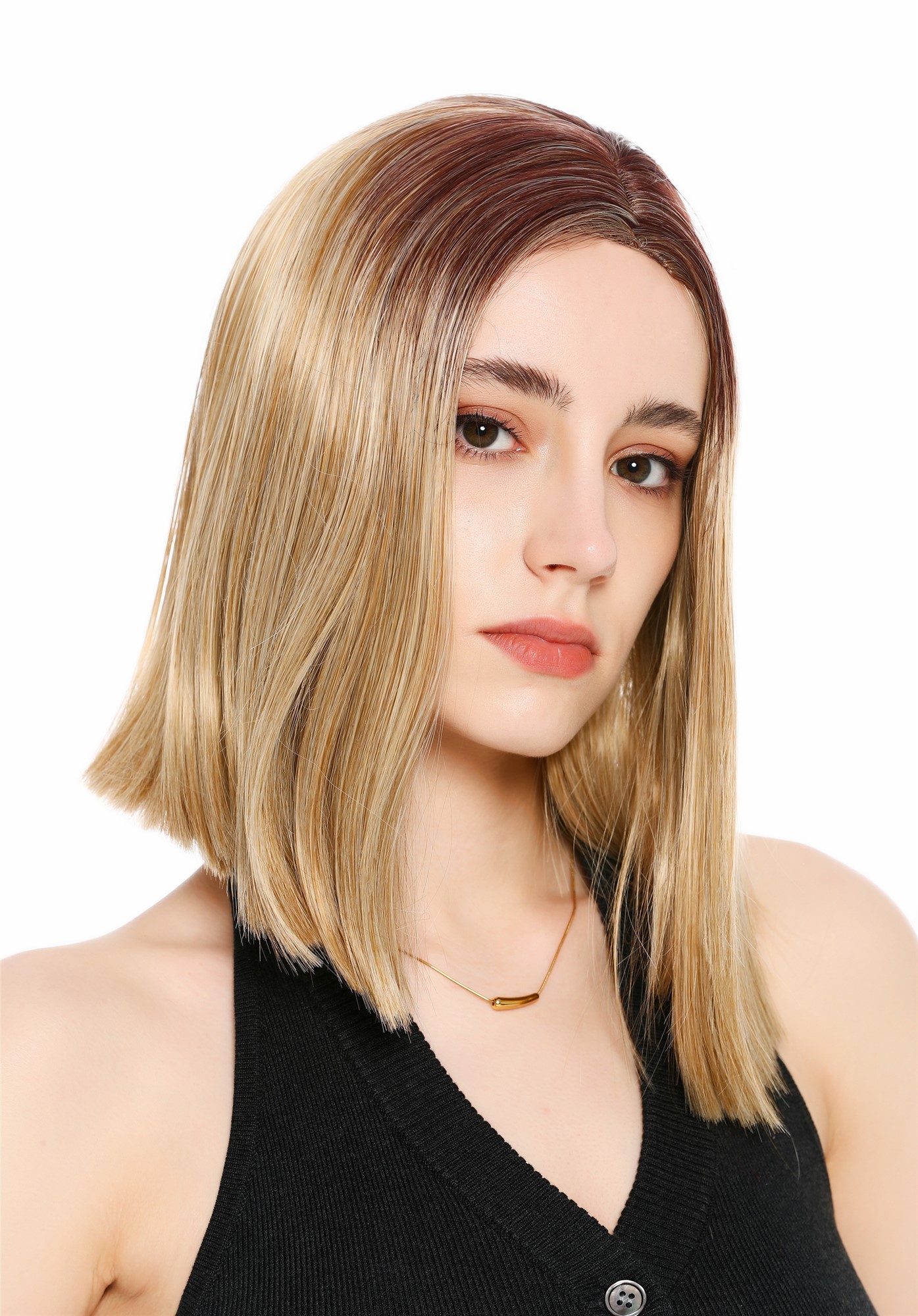 Perücke Damen schulterlang Longbob glatt Mittelscheitelt Ombre Balayage Highlights Rotbraun Blond GFW4029S-27/613+33