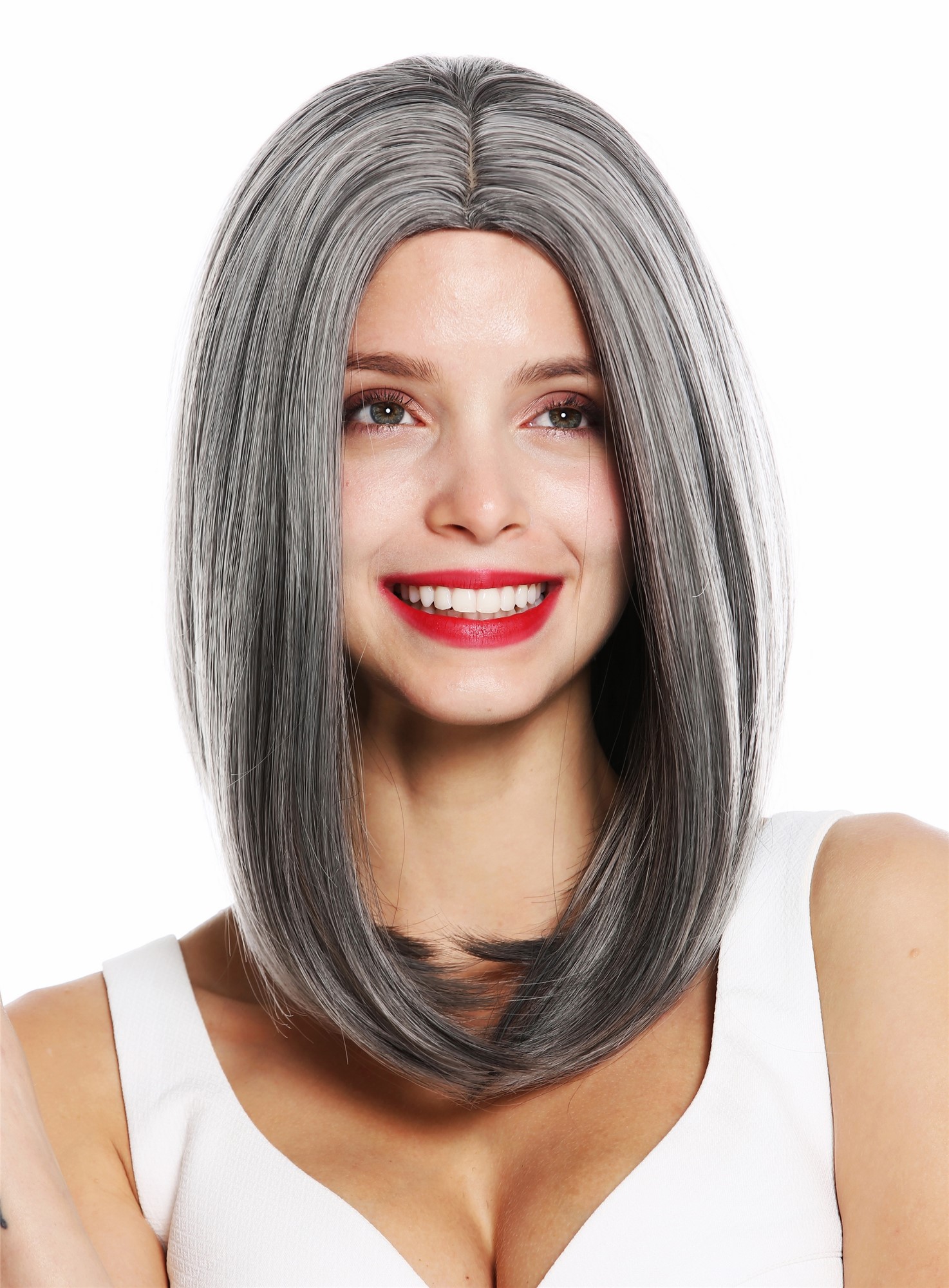 hochwertige Qualitätsperücken, Perücke schulterlang glatt Mittelscheitel grau gesträhnt meliert 1960-10A/4/88A/L88A, Ansicht 2, WIG ME UP: Ihr Perücken Online Shop glatte Tressen-Perücke mit Kopfhaut-Imitat Aschgrau schulterlange Haare für Damen