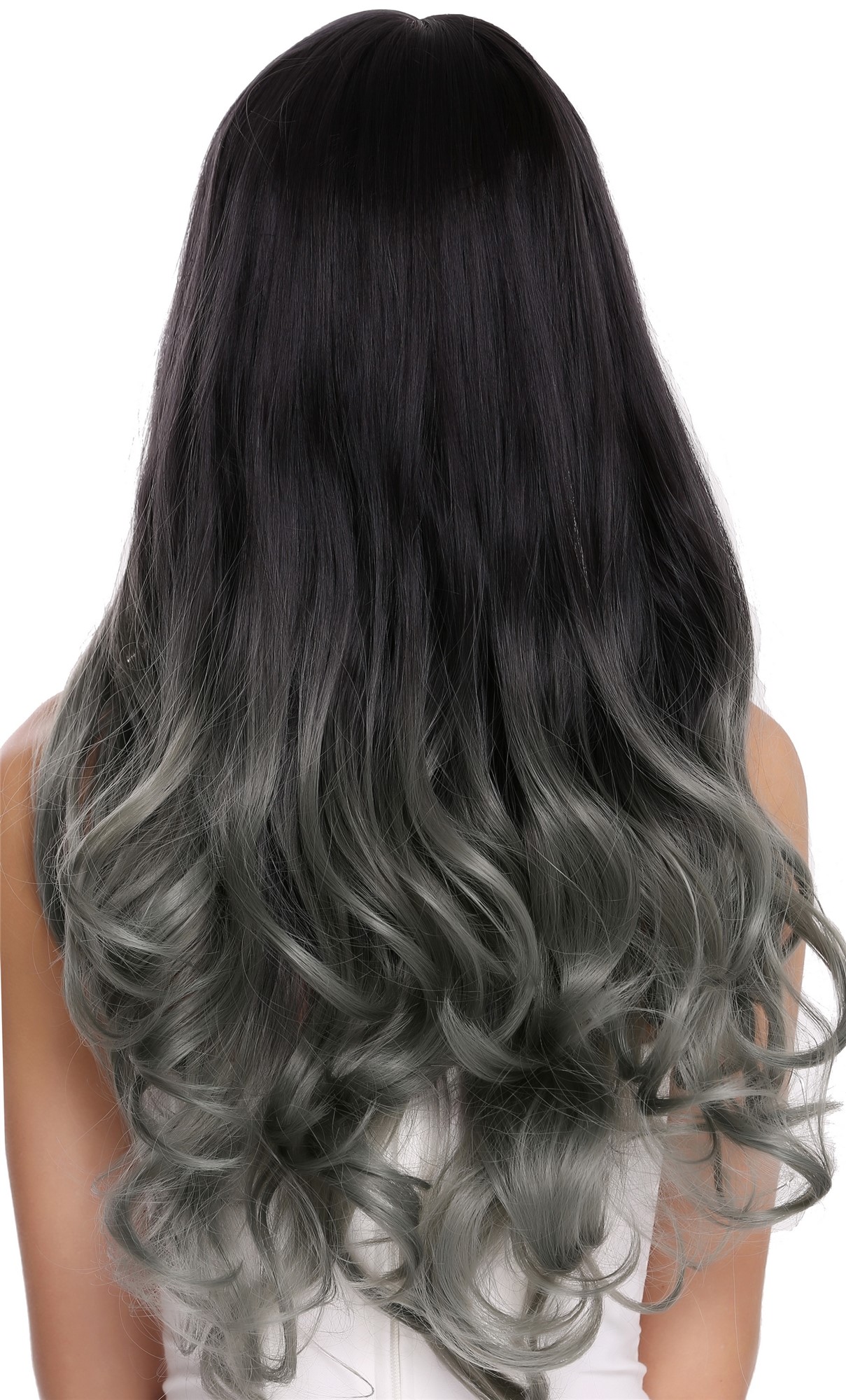 hochwertige Qualitätsperücken, Perücke lang Pony wellig Balayage Dunkelbraun Grün H1800-904R4, Ansicht 4, WIG ME UP: Ihr Perücken Online Shop wellige Tressen-Perücke mit Kopfhaut-Imitat Dunkelbraun-Meergrün-Mix lange Haare für Damen