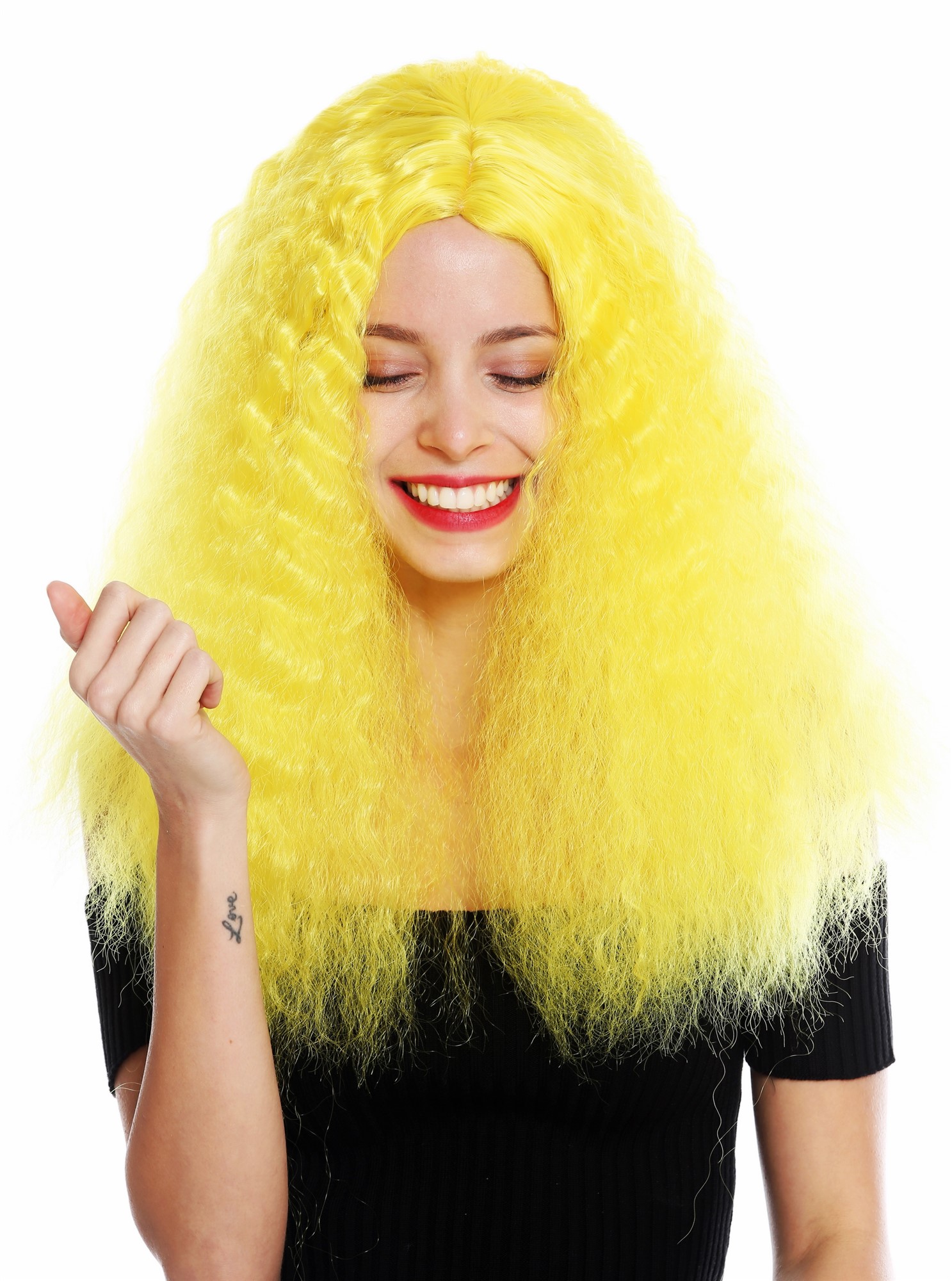 hochwertige Qualitätsperücken, Perücke lang Kraus Locken Volumen Mittelscheitel Gelb YZF-7304-T2104, Ansicht 2, WIG ME UP: Ihr Perücken Online Shop lockige Tressen-Perücke mit Kopfhaut-Imitat Neongelb lange Haare für Damen