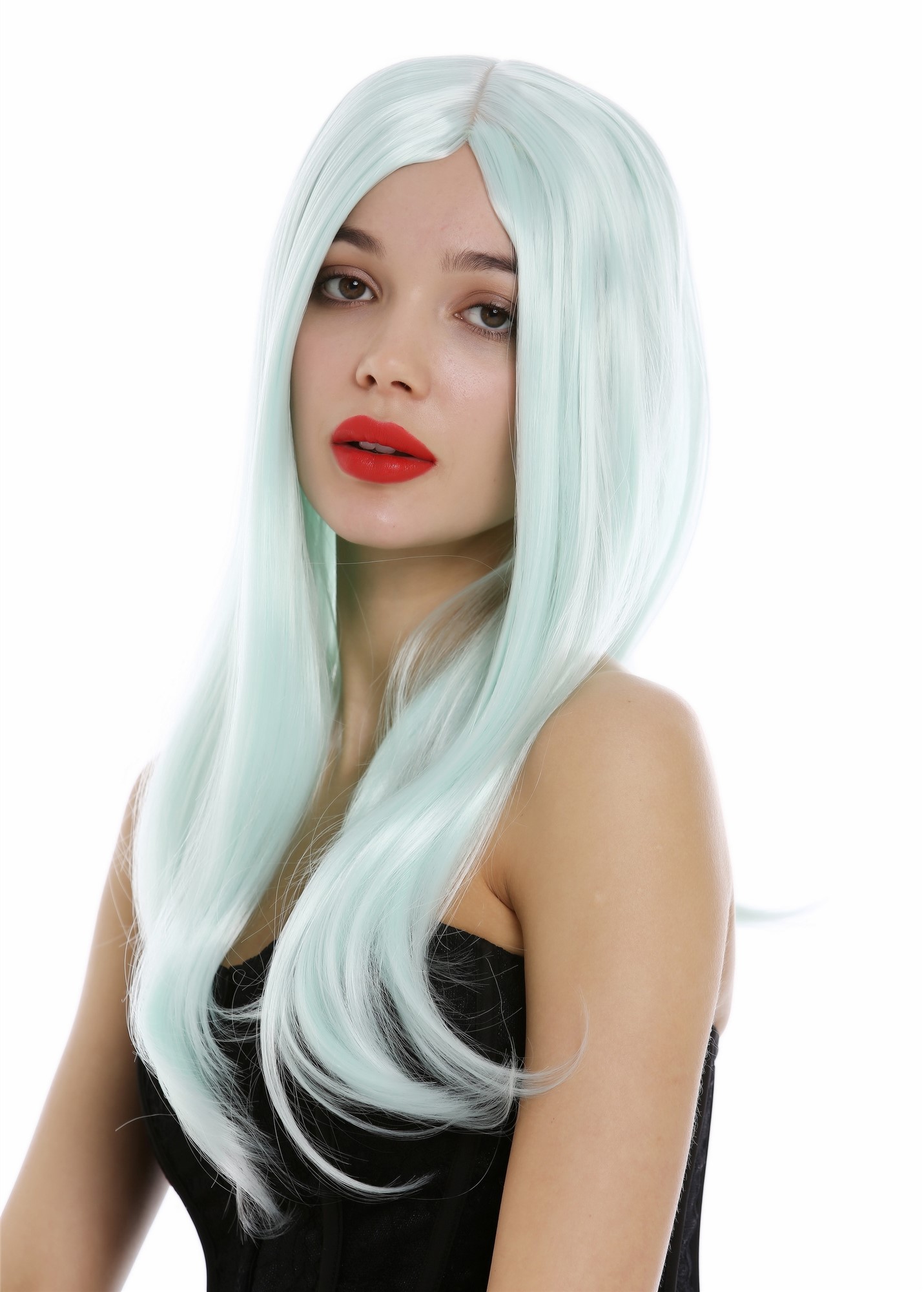 hochwertige Qualitätsperücken, Damen Perücke lang glatt Mittelscheitel Grün Hellgrün SA-151-T5507, Ansicht 2, WIG ME UP: Ihr Perücken Online Shop glatte Tressen-Perücke mit Kopfhaut-Imitat Hellgrün lange Haare für Damen