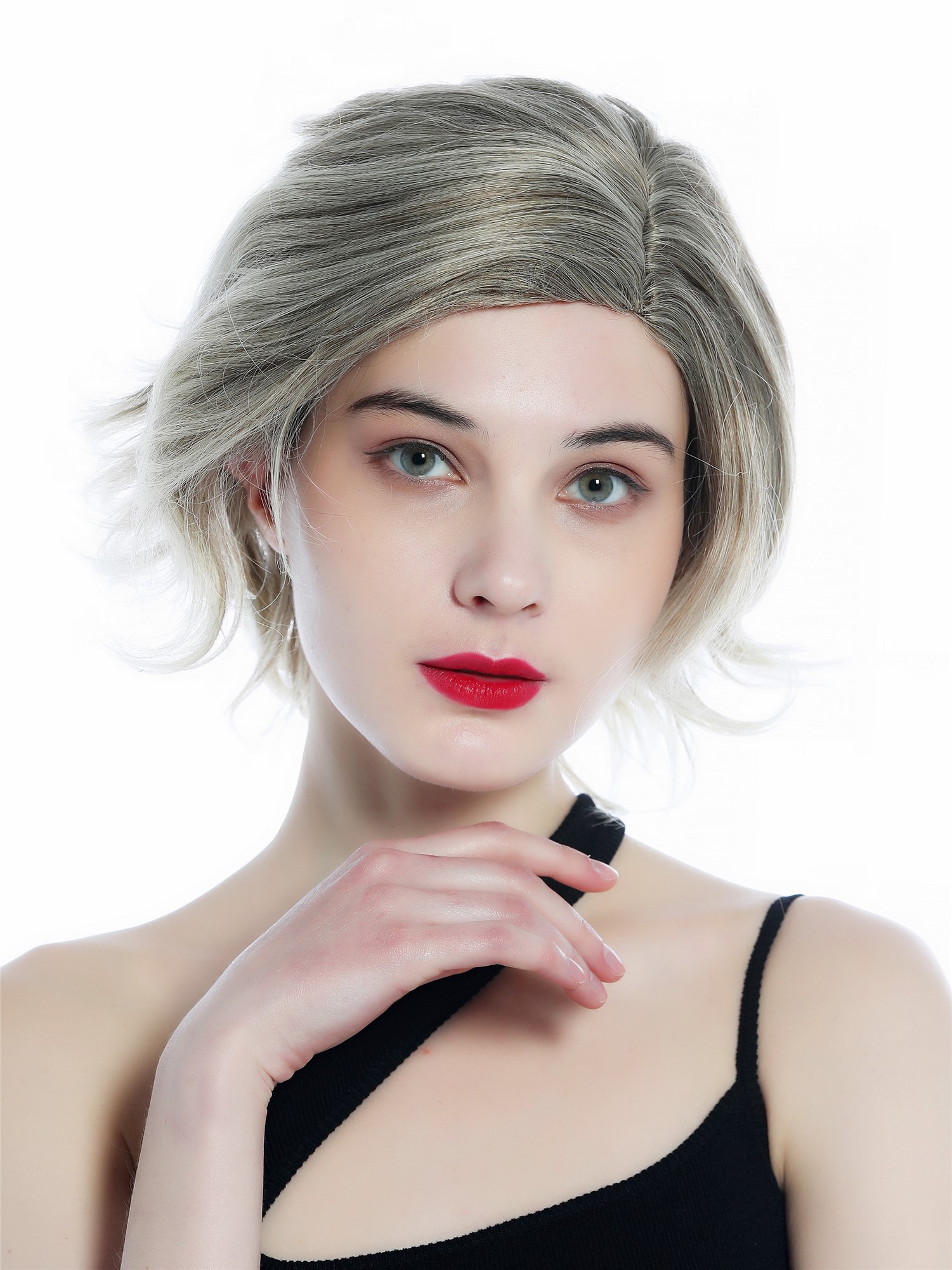hochwertige Qualitätsperücken, Perücke kurz wild gewellt gescheitelt Scheitel Balayage Hellbraun Hellblond DW3334-10T613, Vorderansicht, WIG ME UP: Ihr Perücken Online Shop wellige Tressen-Perücke mit Kopfhaut-Imitat Matthellbraun mit pearlblonden Strähnen schulterlange Haare für Damen