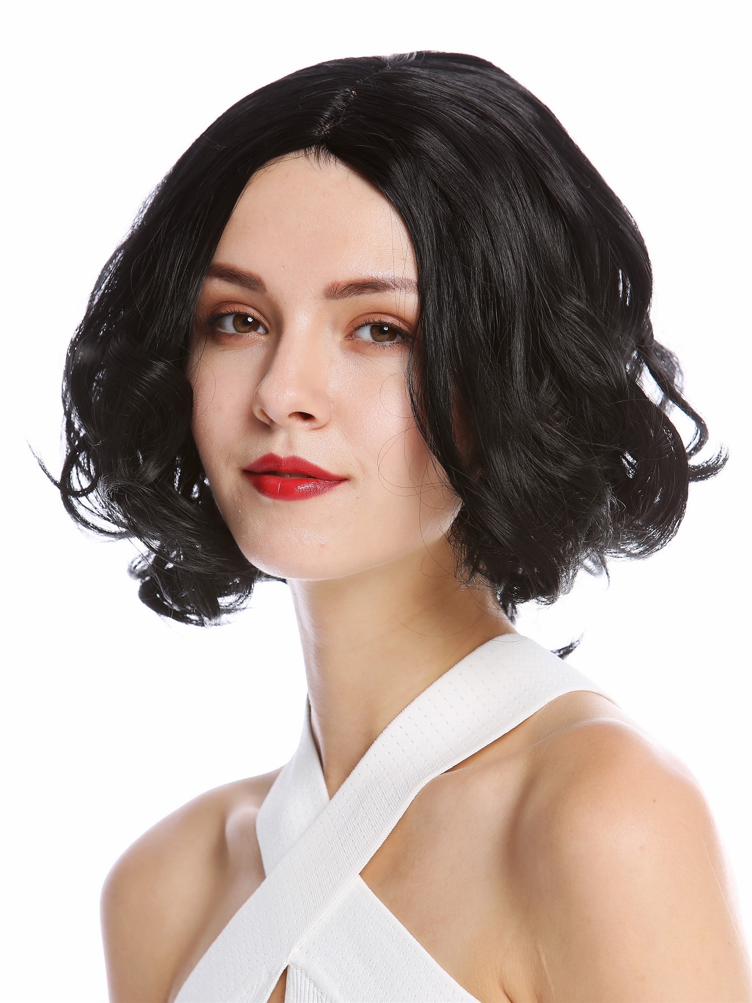 hochwertige Qualitätsperücken, Perücke kurz Longbob gewellt Mittelscheitel schwarz YZF-4372-1, Ansicht 3, WIG ME UP: Ihr Perücken Online Shop lockige Tressen-Perücke mit Kopfhaut-Imitat Schwarz kurze Haare für Damen