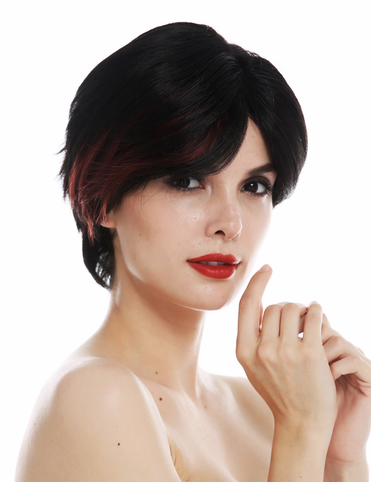 Monofilament women's wig short sleek parted black red highlights TYM-492-MT, front view, WIG ME UP: Your Perücken Online Shop Quality Wigs, Ladies, black-red mix, straight, short