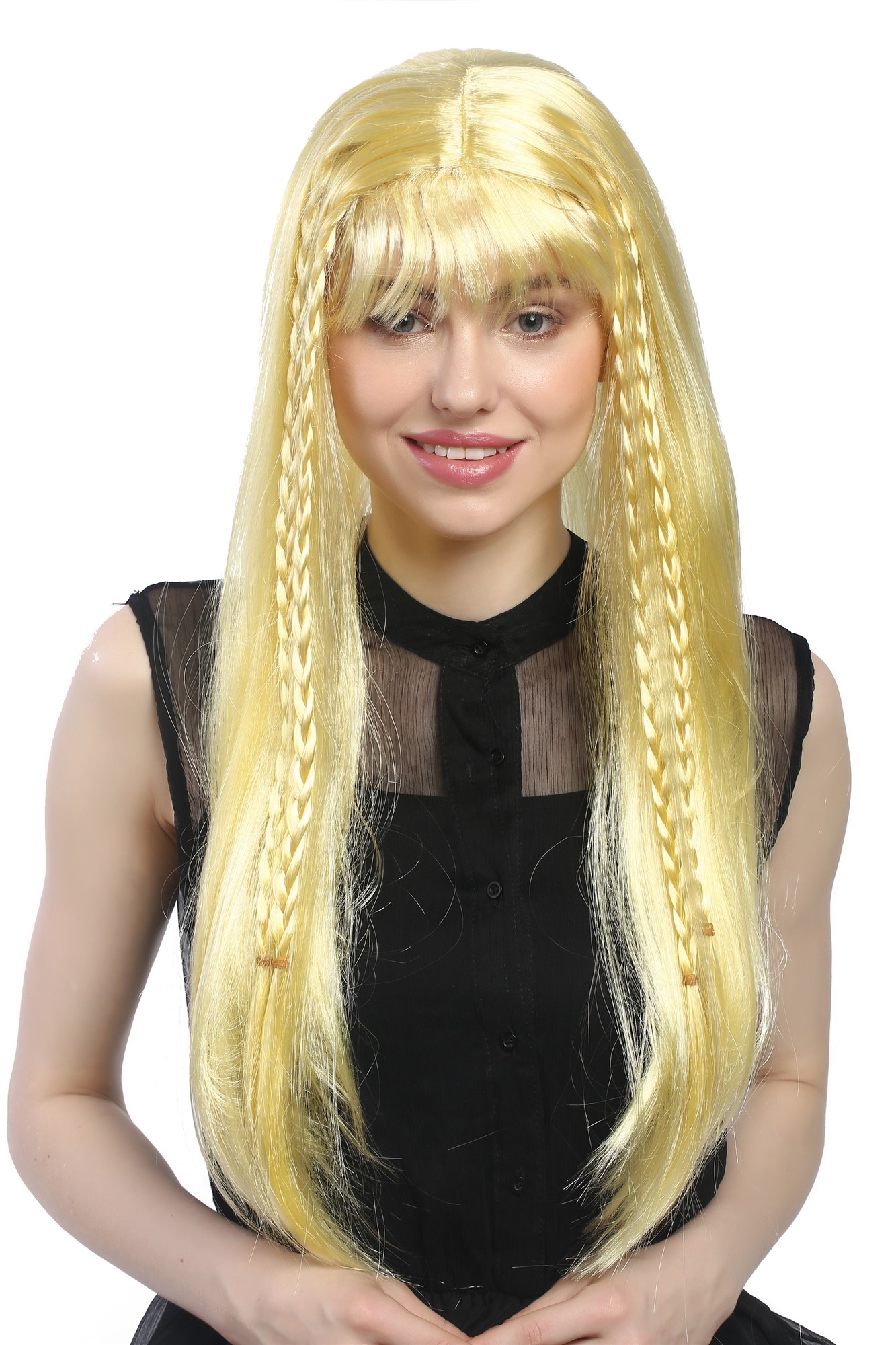 Lady Party Wig Halloween Fantasy Cosplay long straight gold blond braided strands bangs, view 4, WIG ME UP: Your Perücken Online Shop Party Wig, Ladies, Blonde,Yellow, Braided, long