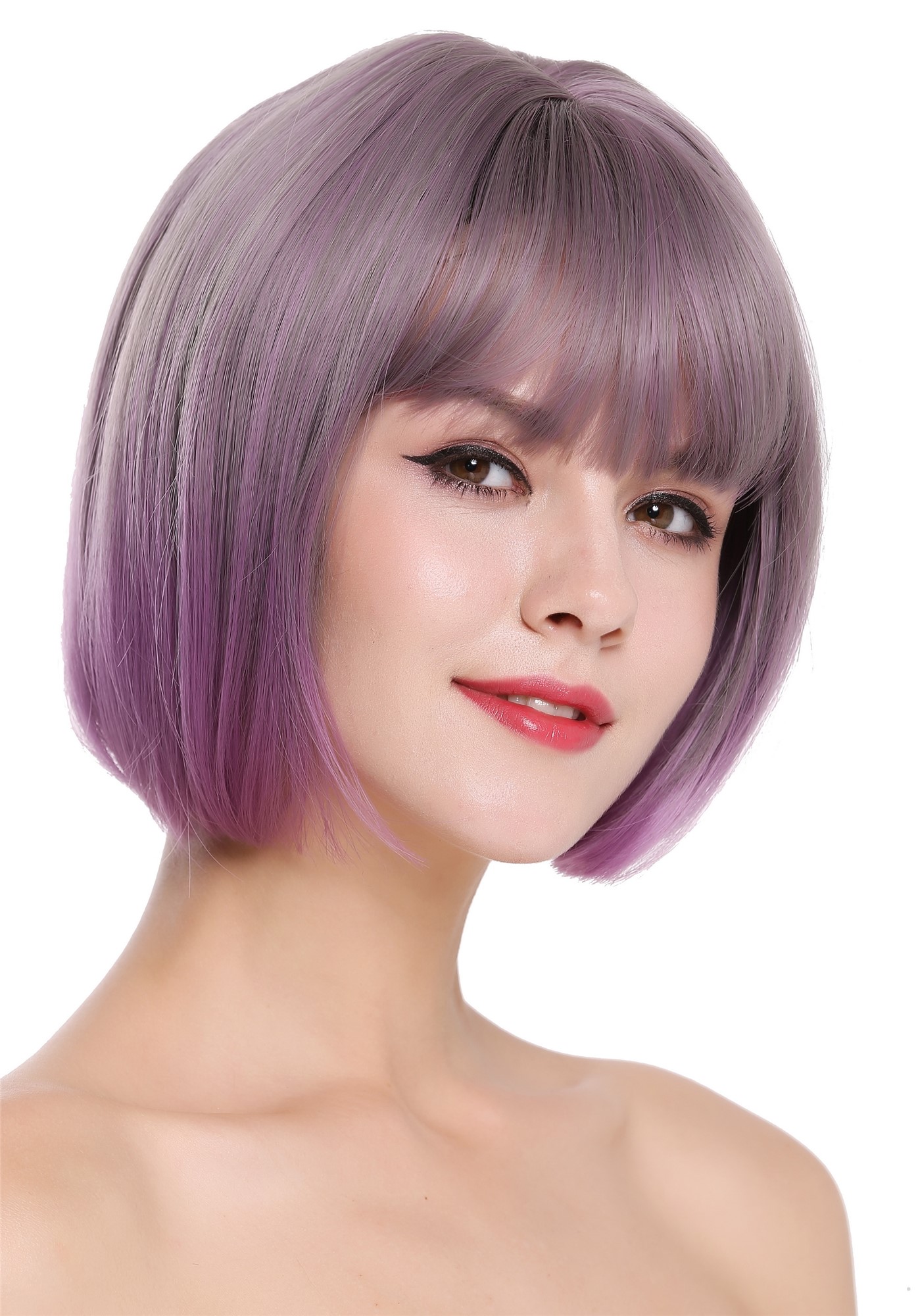 hochwertige Qualitätsperücken, Perücke kurz Bob Pony Grau Lila Violett H1808-10AT366, Ansicht 2, WIG ME UP: Ihr Perücken Online Shop glatte Tressen-Perücke mit Kopfhaut-Imitat Aschgrau-Indigoviolett-Mix kurze Haare für Damen