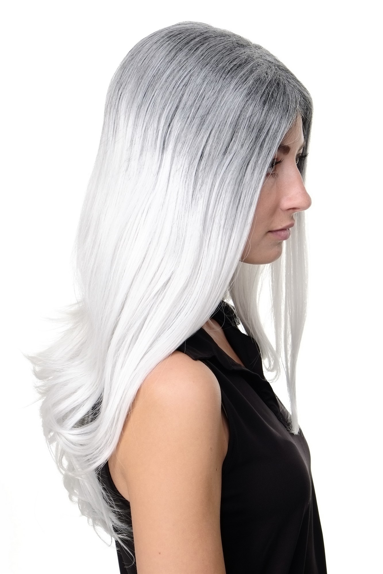Awesome Lady  Wig long straight hair black grey white ombre middle parting Emo Goth Cosplay, view 3, WIG ME UP: Your Perücken Online Shop Quality Wigs, Ladies, white-gray-black-gray, straight, long