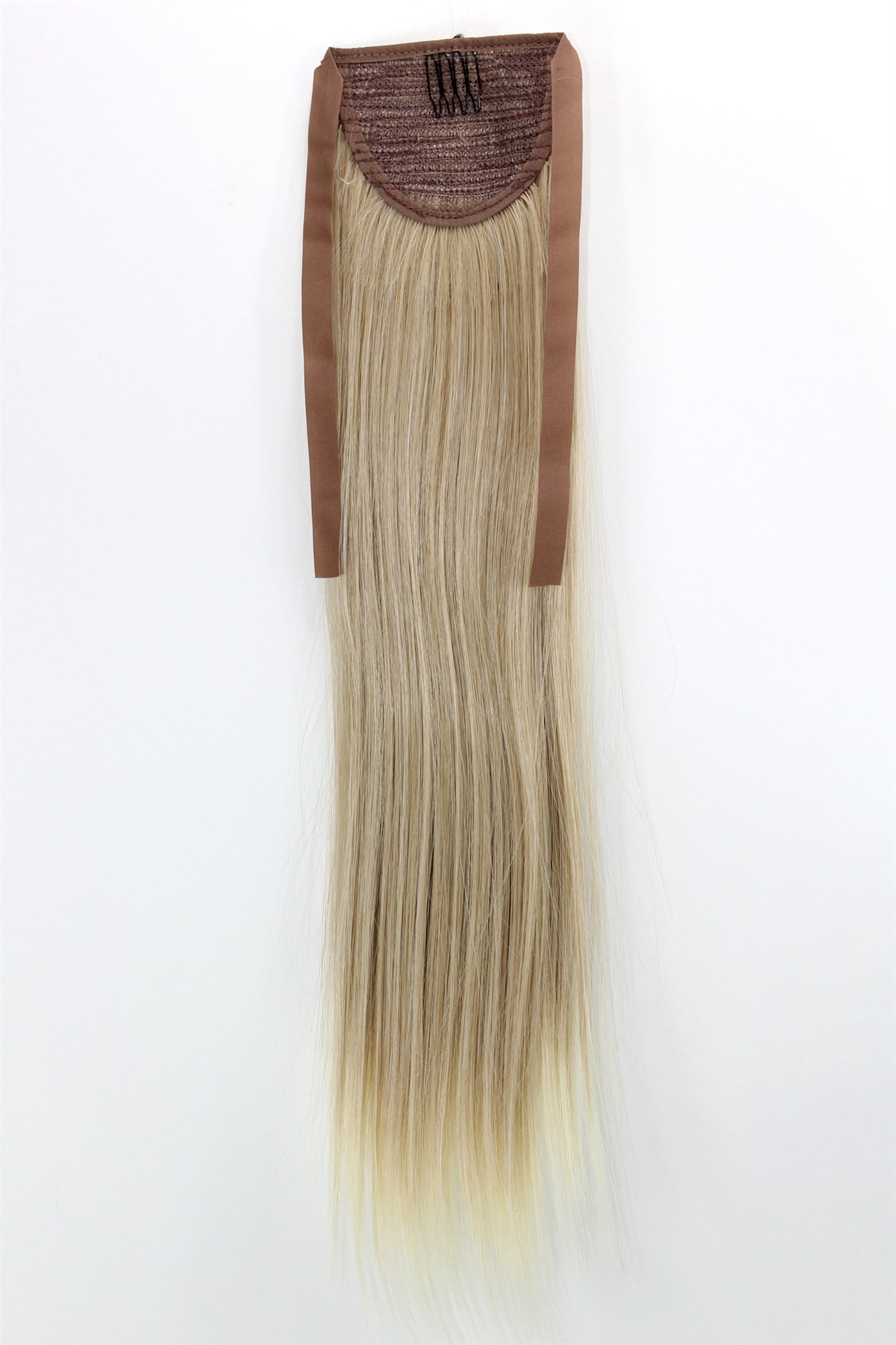 YZF-TS18-24BT613 Hairpiece Pontail Pigtail extension slim light straight comb and ribbon light ash blond mix streaked platinum highlights 18", view 2, WIG ME UP: Your Perücken Online Shop Ponytails, gold-light blonde mix, straight, shoulder-length