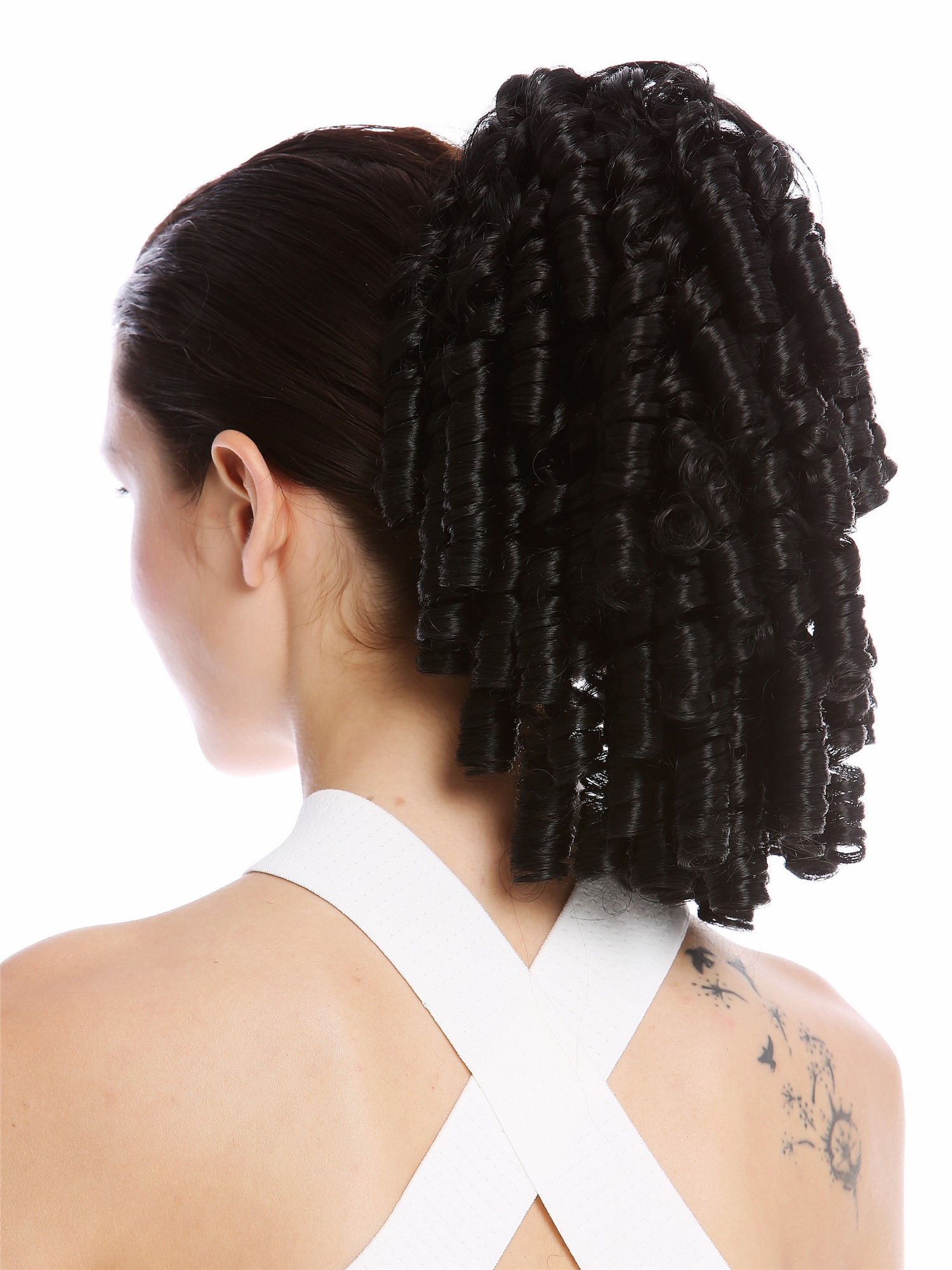 hochwertiger Zopf Pferdeschwanz Korkenzieher-Locken lockig Schwarz N900A+2-V-1B, Vorderansicht, WIG ME UP: Ihr Perücken Online Shop glattes Zopf-Haarteil Samtschwarz 30 cm lang