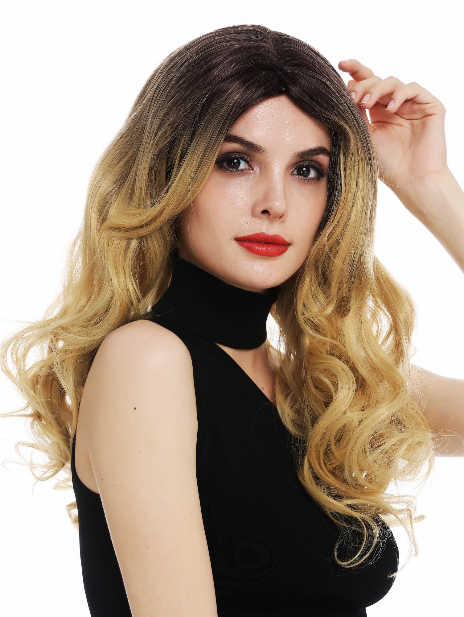hochwertige Qualitätsperücken, Perücke lang Locken gestuft Ombre Dunkelbraun Blond TYS-1071-4BTT86, Vorderansicht, WIG ME UP: Ihr Perücken Online Shop lockige Tressen-Perücke mit Kopfhaut-Imitat Braun-Blond-Mix lange Haare für Damen