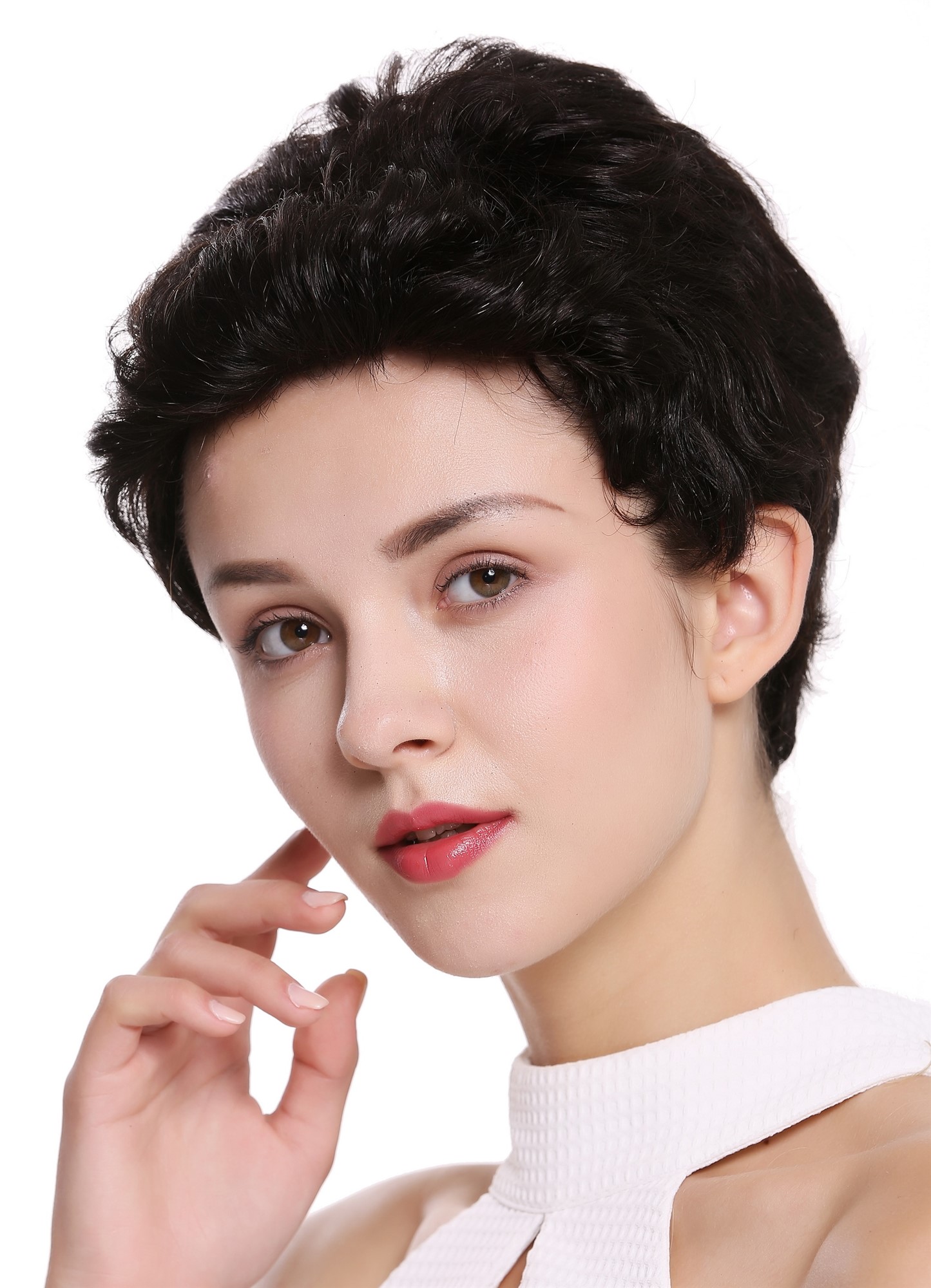 hochwertige Qualitätsperücken, Perücke Echthaar Herren Damen kurz Tolle Schwarzbraun ungefärbt B-HH-12-0, Ansicht 2, WIG ME UP: Ihr Perücken Online Shop wellige Tressen-Perücke mit Klebeflächen 100% Echthaar natur, ungefärbt kurze Haare für Unisex