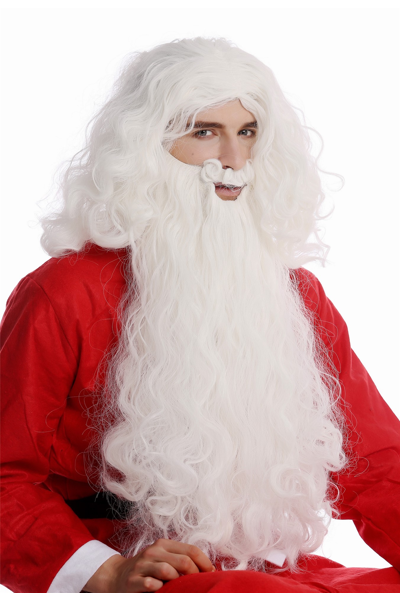 Wig & Beard set Halloween Christmas white Santa Claus costume God Prophet 08-A+B, front view, WIG ME UP: Your Perücken Online Shop Party Wig, Ladies, White, curled, long