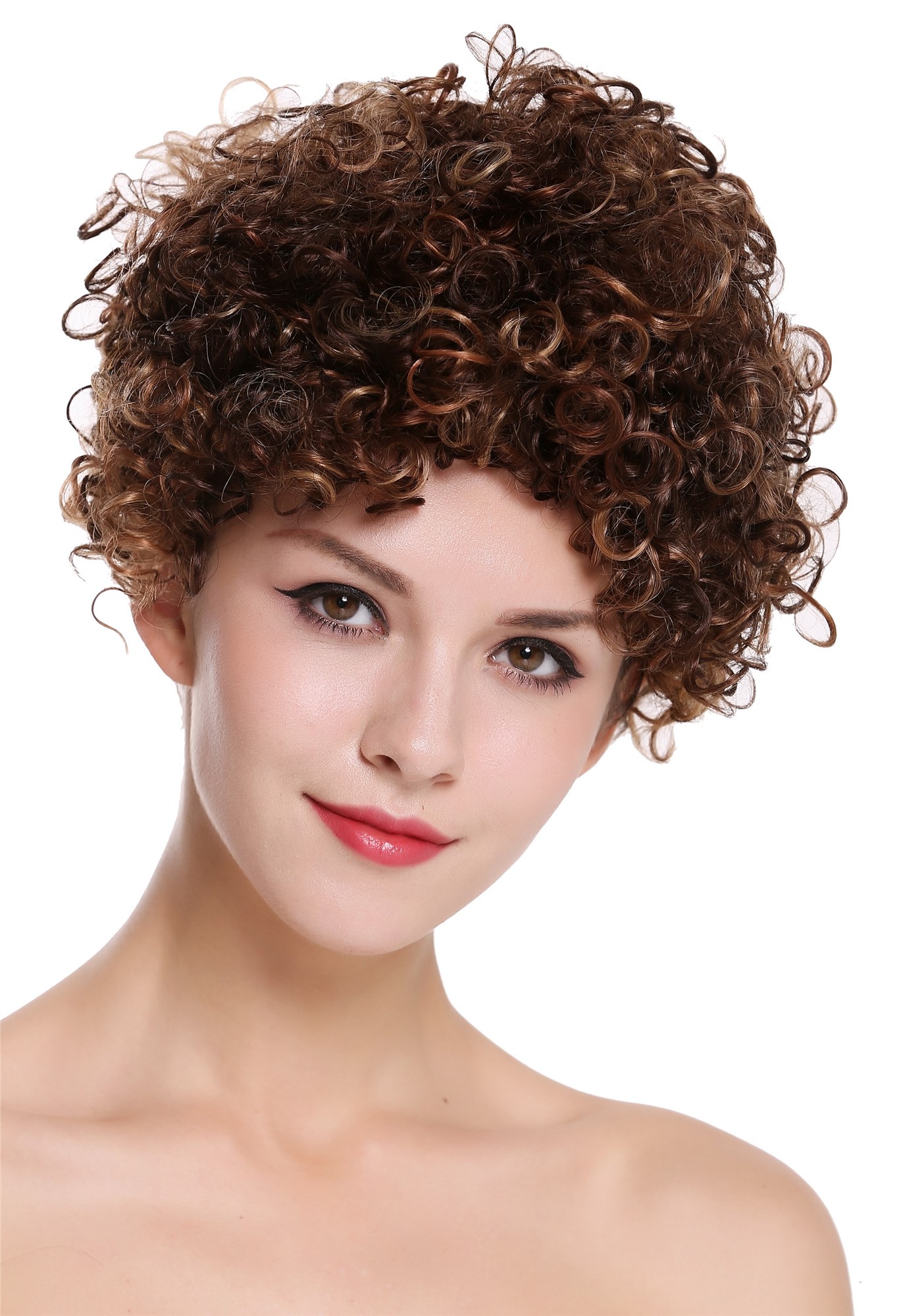 hochwertige Qualitätsperücken, Echthaar Perücke kurz Locken Braun Blond Gesträhnt RGH-5290W-HH-F4/27/30, Vorderansicht, WIG ME UP: Ihr Perücken Online Shop lockige Tressen-Perücke 100% Echthaar Dunkelbraun-Erdbeerblond-Kupferbraun-Mix kurze Haare für Damen