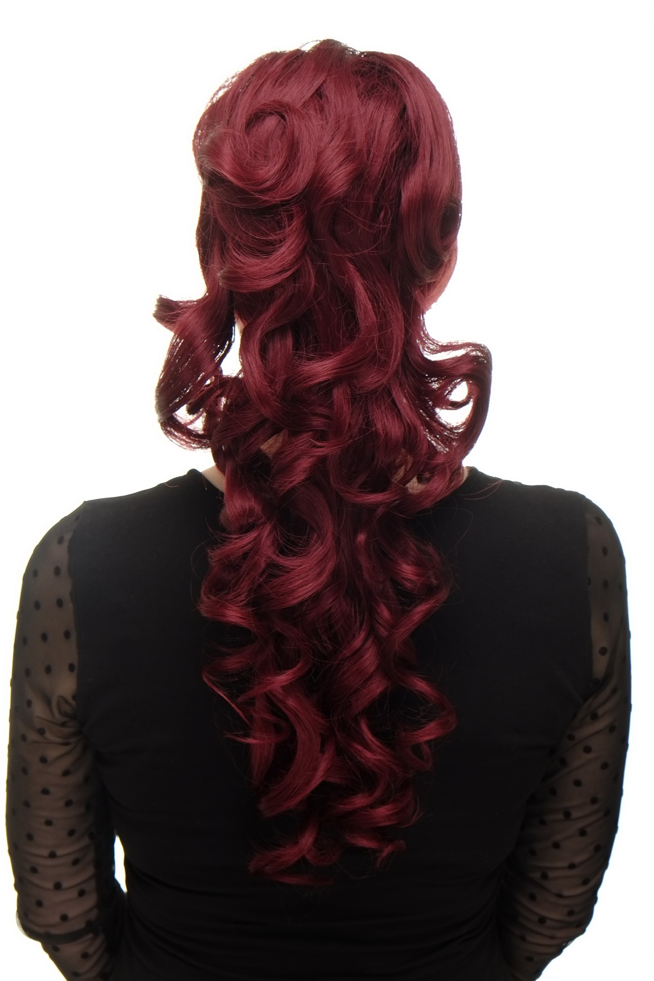 Hairpiece PONYTAIL with combs and elastic draw string curly voluminous long aubergine burgundy red, front view, WIG ME UP: Your Perücken Online Shop Ponytails, garnet red, curled, long