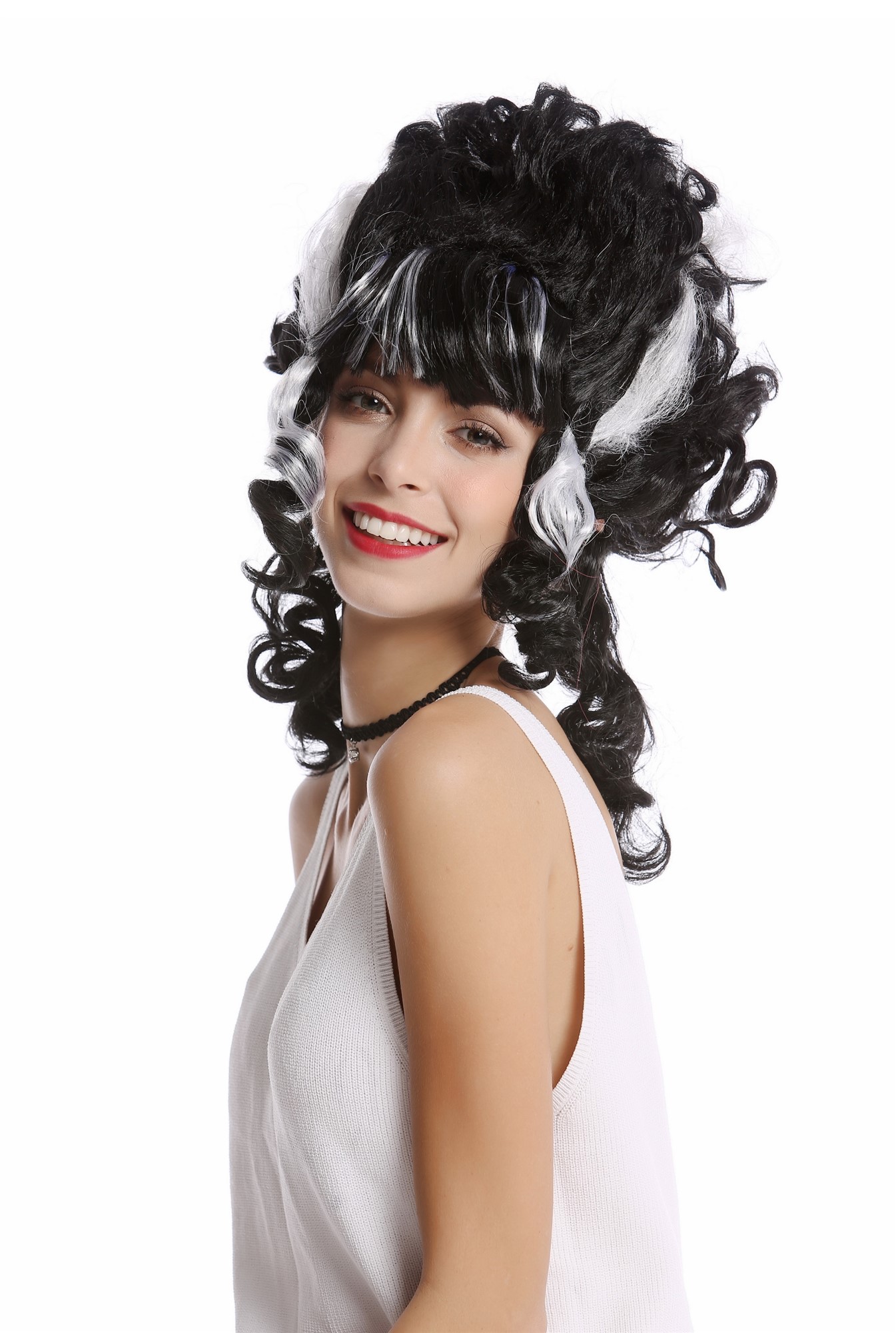 Wig Lady Women beehive black white lightning streaks Bride Frankenstein Dark Countess Vampire, front view, WIG ME UP: Your Perücken Online Shop Party Wig, Ladies, Black, curled, short