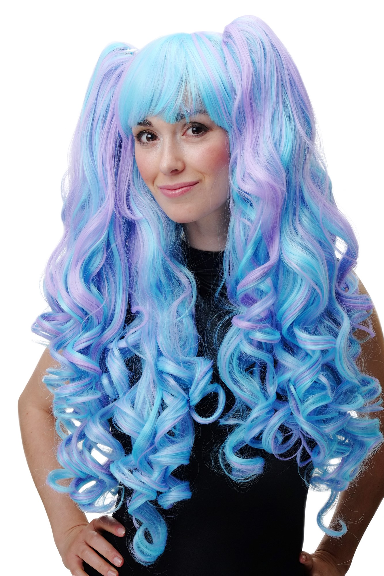 hochwertige Qualitätsperücken, Perücke Cosplay Lang Zöpfe Blau Lila YZF-7092L+A, Vorderansicht, WIG ME UP: Ihr Perücken Online Shop lockige Tressen-Perücke mit Kopfhaut-Imitat Blau-Lila-Mix sehr lange Haare für Damen