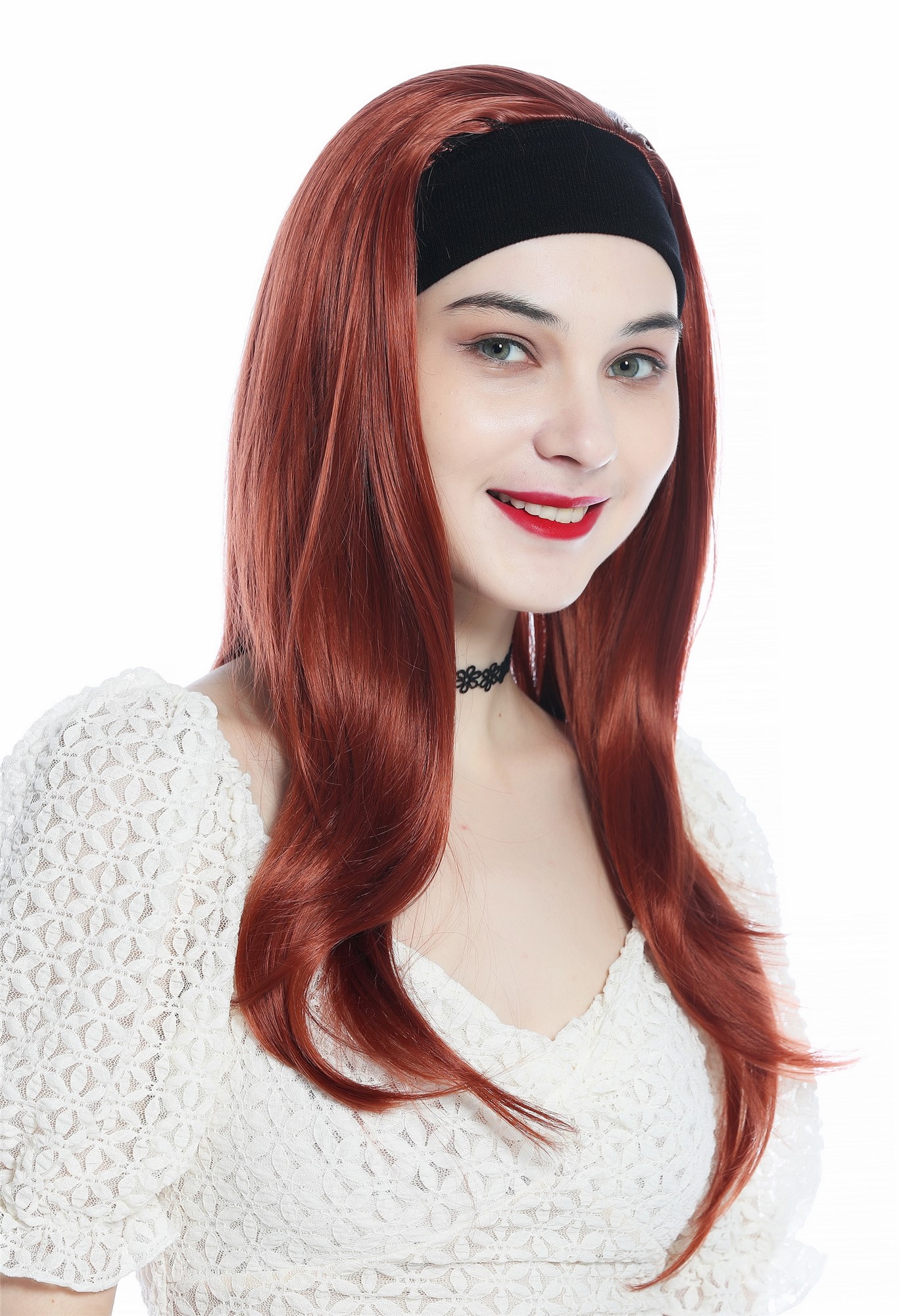 hochwertige Qualitätsperücken, Perücke Halbperücke Stirnband lang glatt dunkles Rot Kupferrot H9306-350, Ansicht 2, WIG ME UP: Ihr Perücken Online Shop glatte Tressen-Perücke mit Stirnband Kupferrot lange Haare für Damen