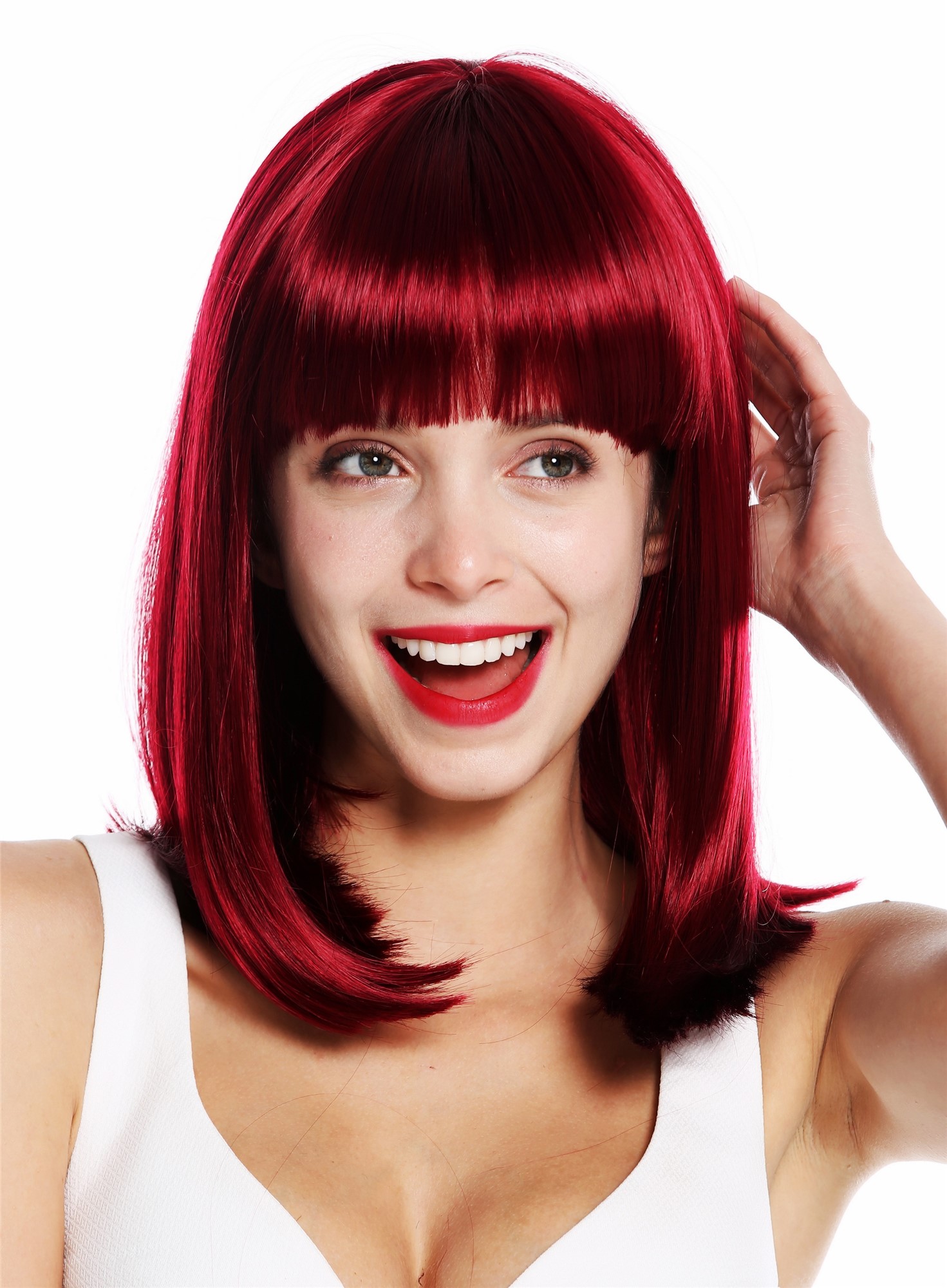 Women's wig shoulder length Longbob sleek fringe bangs Bordeaux red VK-39, front view, WIG ME UP: Your Perücken Online Shop Quality Wigs, Ladies, eggplant red, straight, shoulder-length